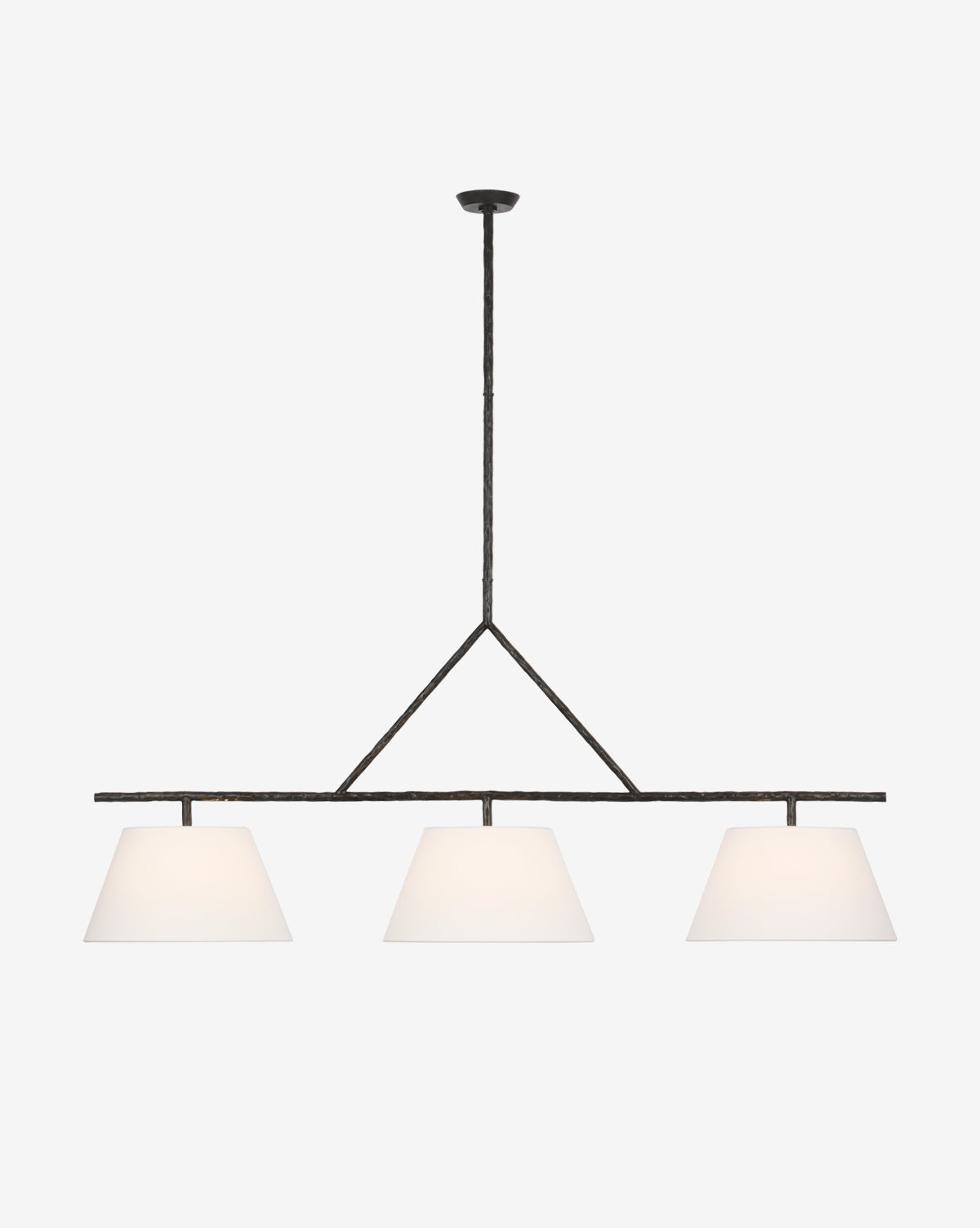 The Collette Linear Chandelier by Visual Comfort & Co. Signature features three white linen shades on a black rod with a central stem, creating a sleek geometric look perfect for modern spaces. McGee & Co.