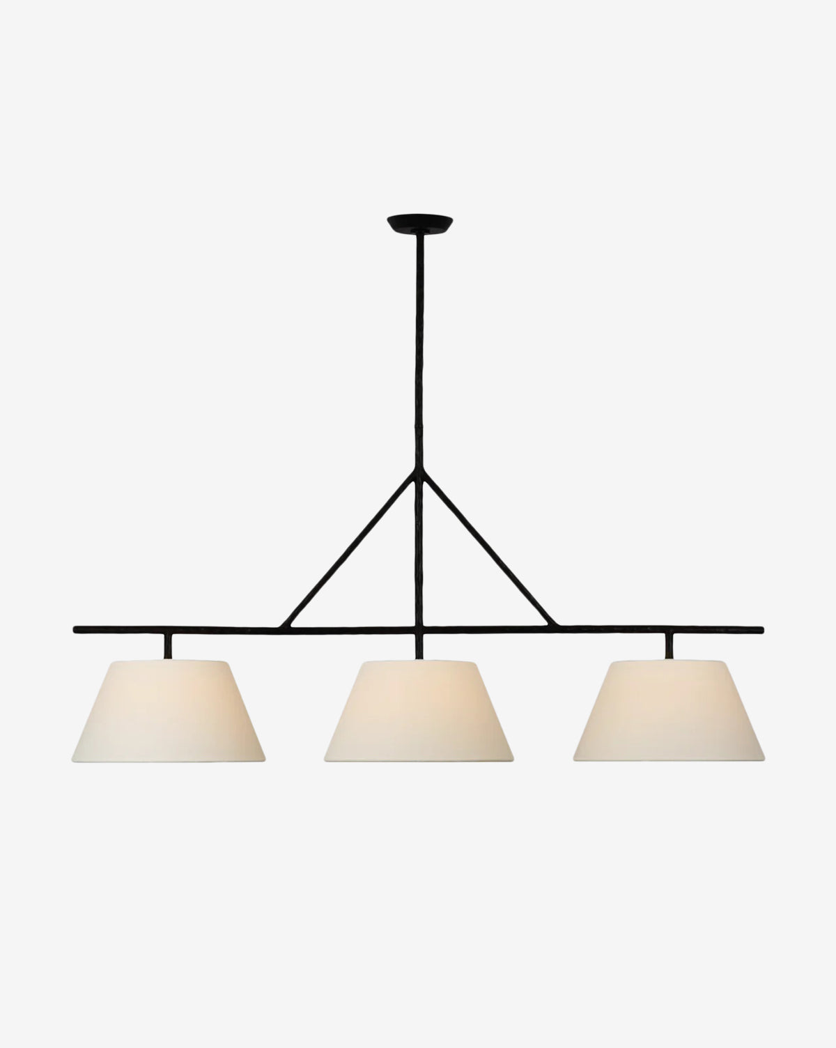 The Collette Linear Pendant by Visual Comfort & Co. Signature features three white cone lampshades evenly spaced along a black metal rod, highlighting its sleek modern design against a plain white background. McGee & Co.