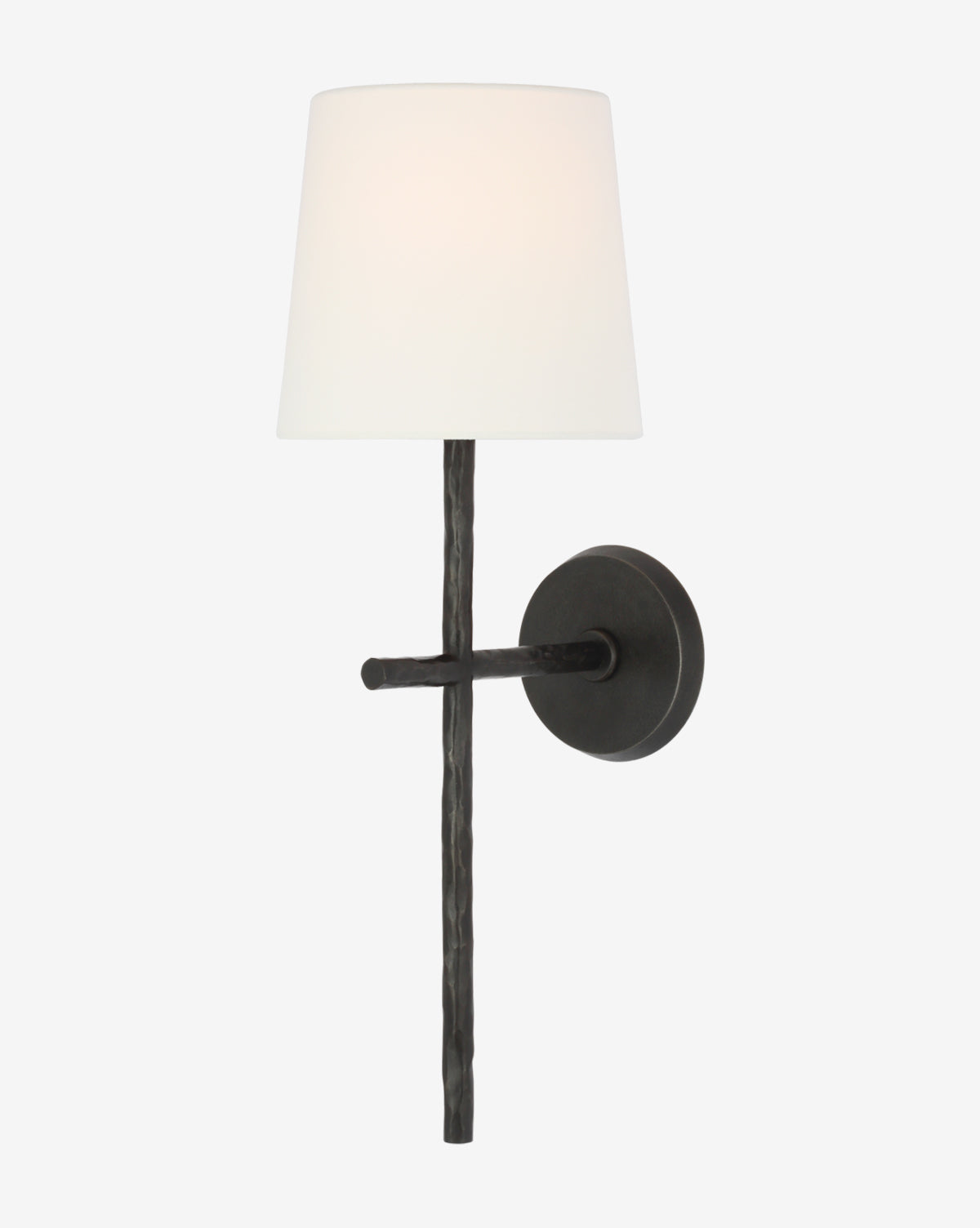 The Collette Tail Sconce by Visual Comfort & Co. Signature is a black metal fixture with a steel frame, vertical rod, horizontal crossbar, round base, and a white linen shade set against a plain white background. McGee & Co.