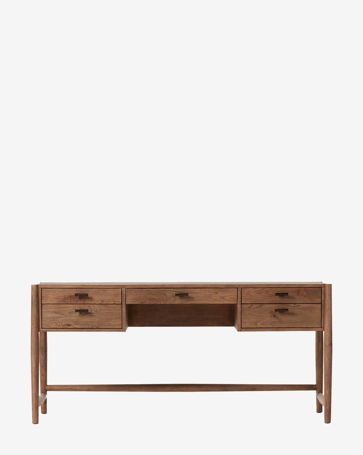 The Colm Desk is a modern traditional wooden desk with a warm brown finish, four drawers on each side, a spacious center drawer, sleek metal handles, and clean lines—an ideal rustic office addition to your workspace, by McGee & Co.