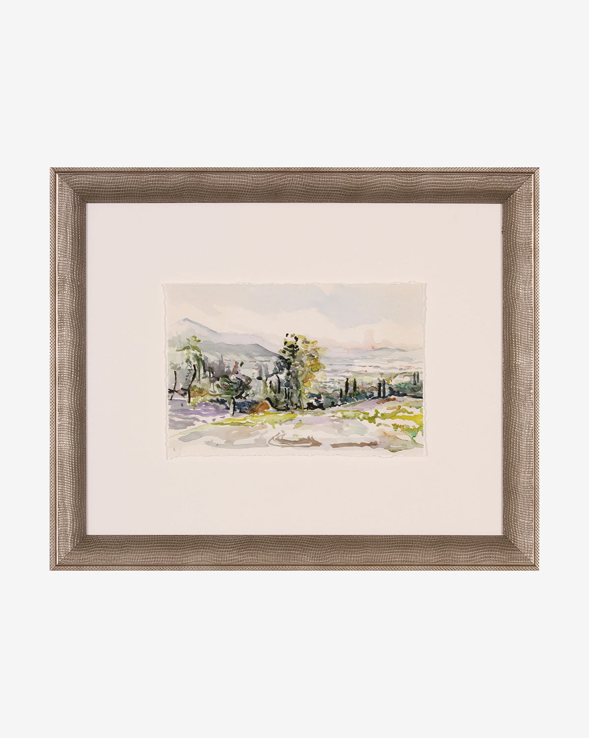 Colorful Landscape is a watercolor painting in a silver wood frame, featuring vibrant mountains, trees, and greenery in soft pastel hues set against a white background.