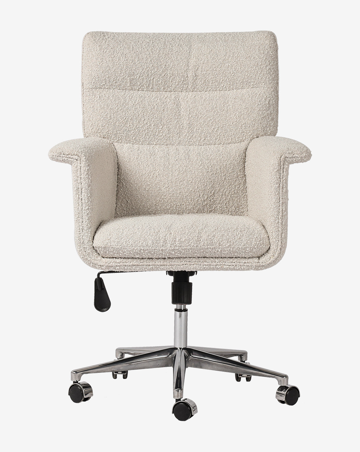 The Colson Desk Chair features cream upholstery, a padded seat and armrests, an adjustable lever, and a chrome base with five black caster wheels—ideal for adding style and comfort to your home office, by McGee & Co.