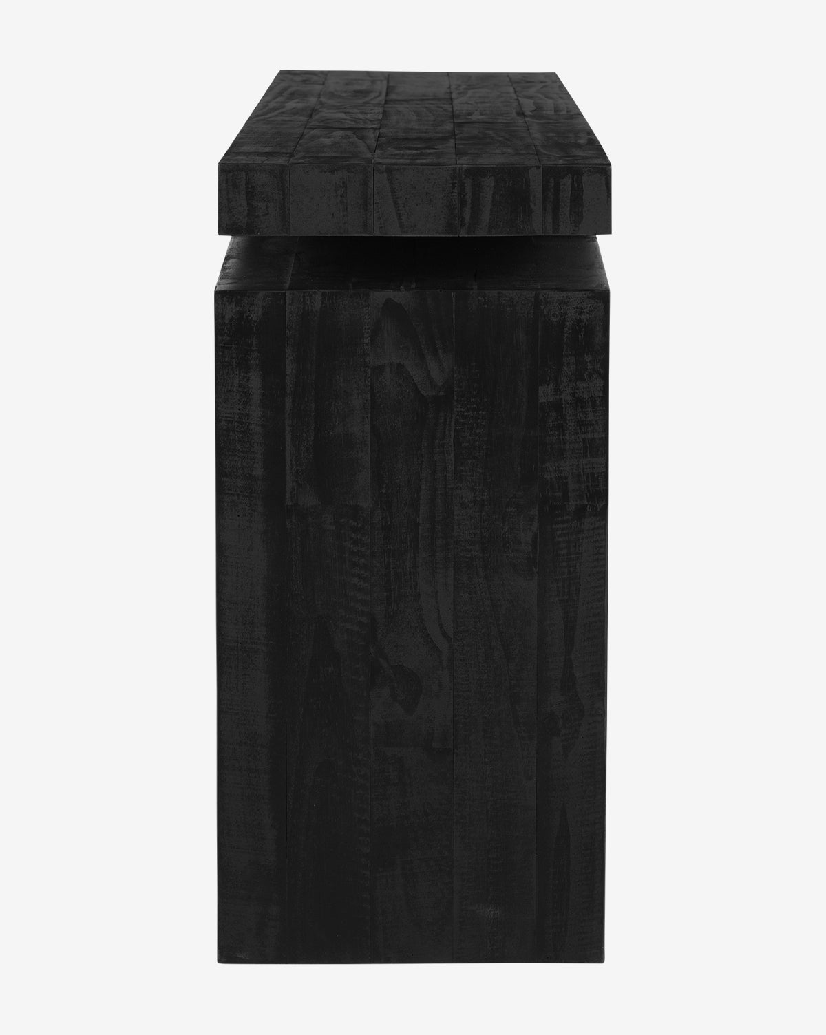 The Colter Console Table is a black wooden rectangular bench with a thick, flat seat and blocky legs, shown from the side against a plain white background—ideal as a modern entryway table or paired with reclaimed wood accents, by McGee & Co.