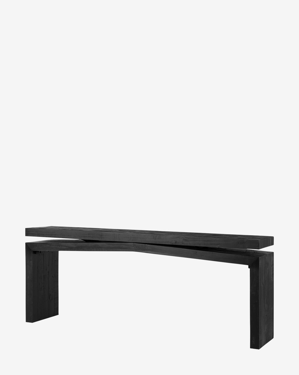 The Colter Console Table is a minimalist black wooden bench crafted from reclaimed wood with a flat seat and sturdy rectangular legs, ideal as a modern entryway table, shown against a plain white background, by McGee & Co.