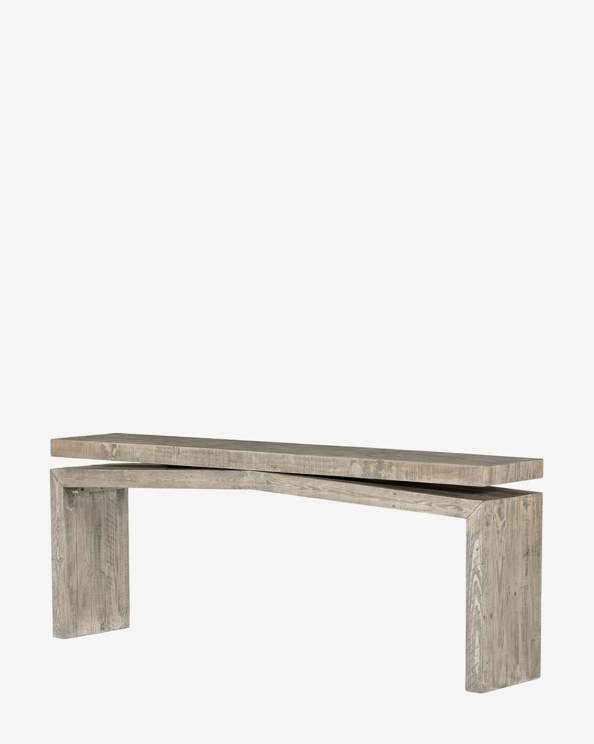 The Colter Console Table features a minimalist design with block-style legs and a thick seat, crafted from reclaimed wood in a light, weathered gray finish. Shown against a plain white background, it complements any modern space by McGee & Co.