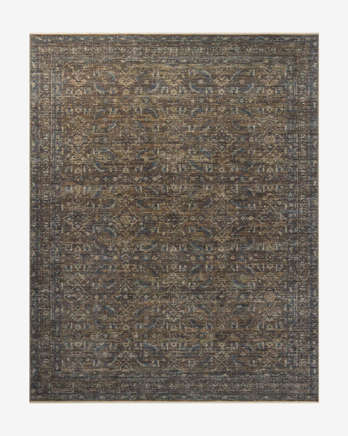 The Conley Lagoon Rug is a rectangular area rug with a distressed brown and blue vintage floral pattern, featuring an intricate motif and slightly faded, antique look, by McGee & Co. Its high-quality construction ensures lasting style in any space.