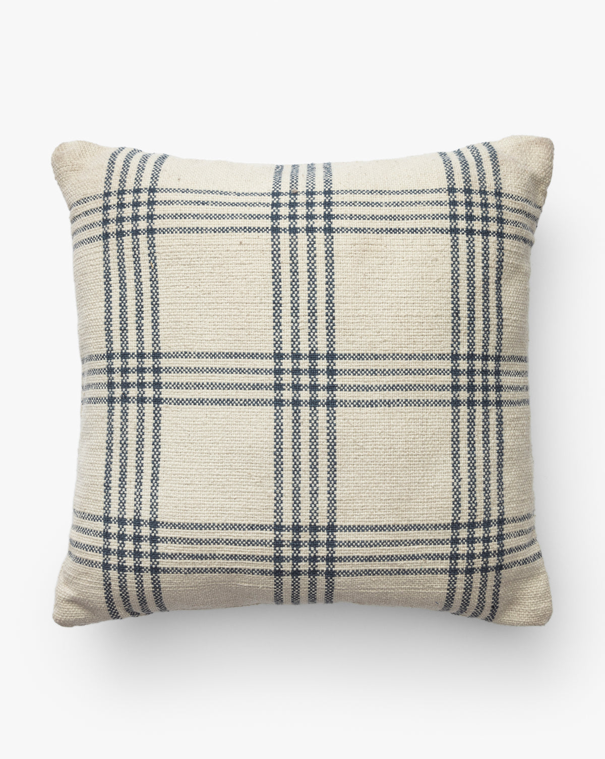 The Conlin Indoor/Outdoor Pillow is square, beige, and features a blue and white plaid pattern with intersecting lines on a white background, by McGee & Co.