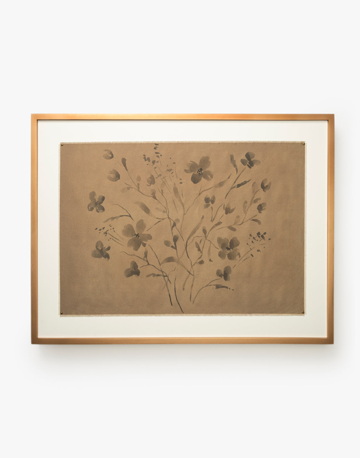 Consider the Wildflowers by Katie Mulder: a minimalist floral giclee print in dark tones on a brown background, set with a white mat and maple frame, offering elegant, modern framed artwork for your space, by McGee & Co.