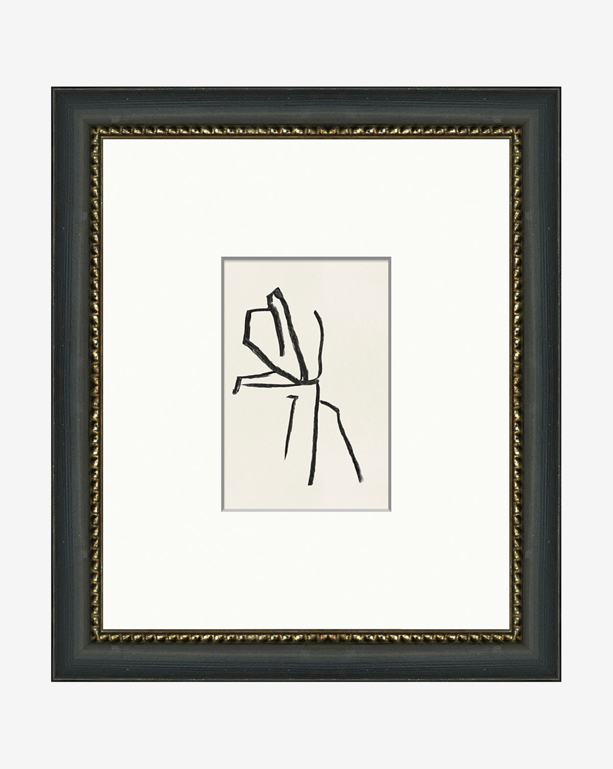 Contemplative Figure—a minimalist black line drawing on white paper, displayed in a wide white mat and ornate dark wood frame with gold detailing—offers elegant abstract wall art for any space.