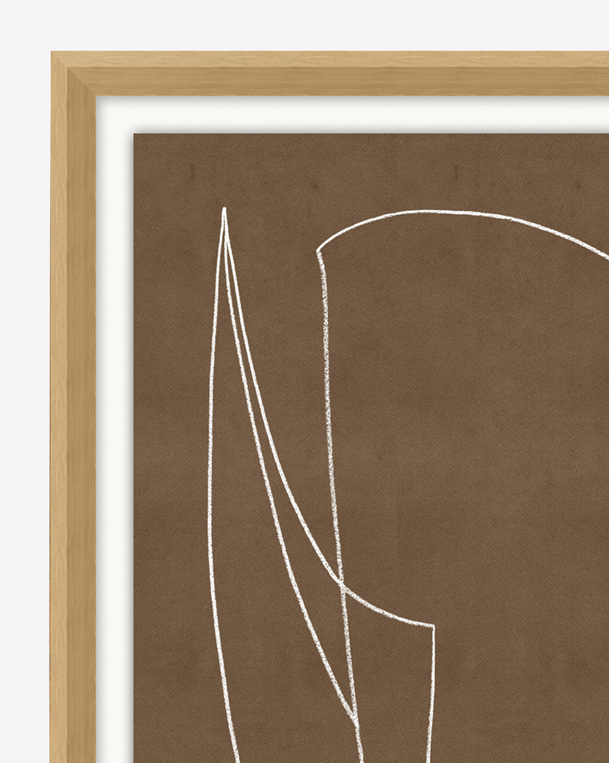 Contour Study I: Minimalist abstract artwork with thin white curved and straight lines on a textured brown background, available as an organic wall art giclée print in a light natural wood frame with a white mat.