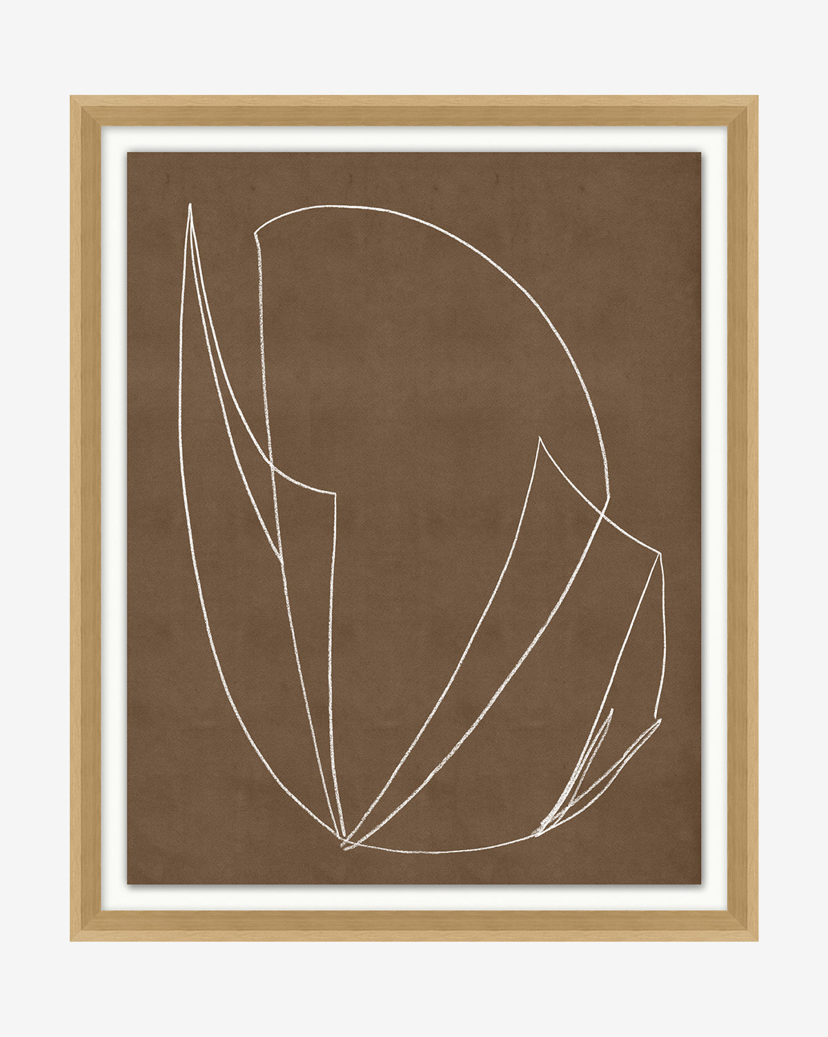 Contour Study I features minimalist organic wall art with thin white abstract lines forming geometric shapes on a brown textured background, framed in natural wood with a white mat border.