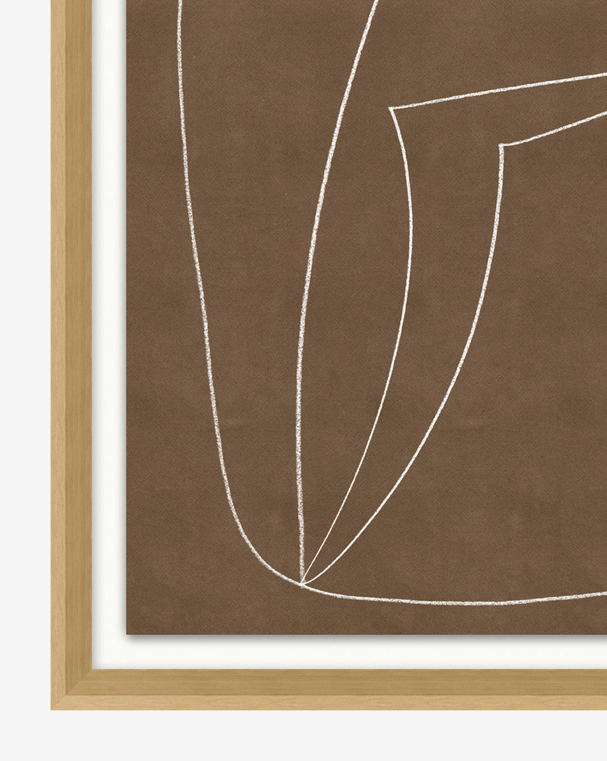 Contour Study II: A minimalist abstract giclée print with white curved intersecting lines on a brown background. Only a corner of the light wood frame is shown, highlighting the simple, elegant line design.