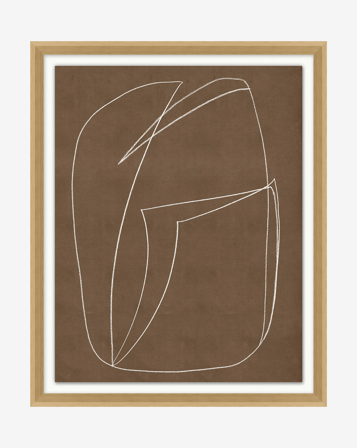 Contour Study II is a minimalist abstract framed art print, showcasing white curved and angular lines forming organic shapes on a brown background, presented with a light wooden frame and white matting.