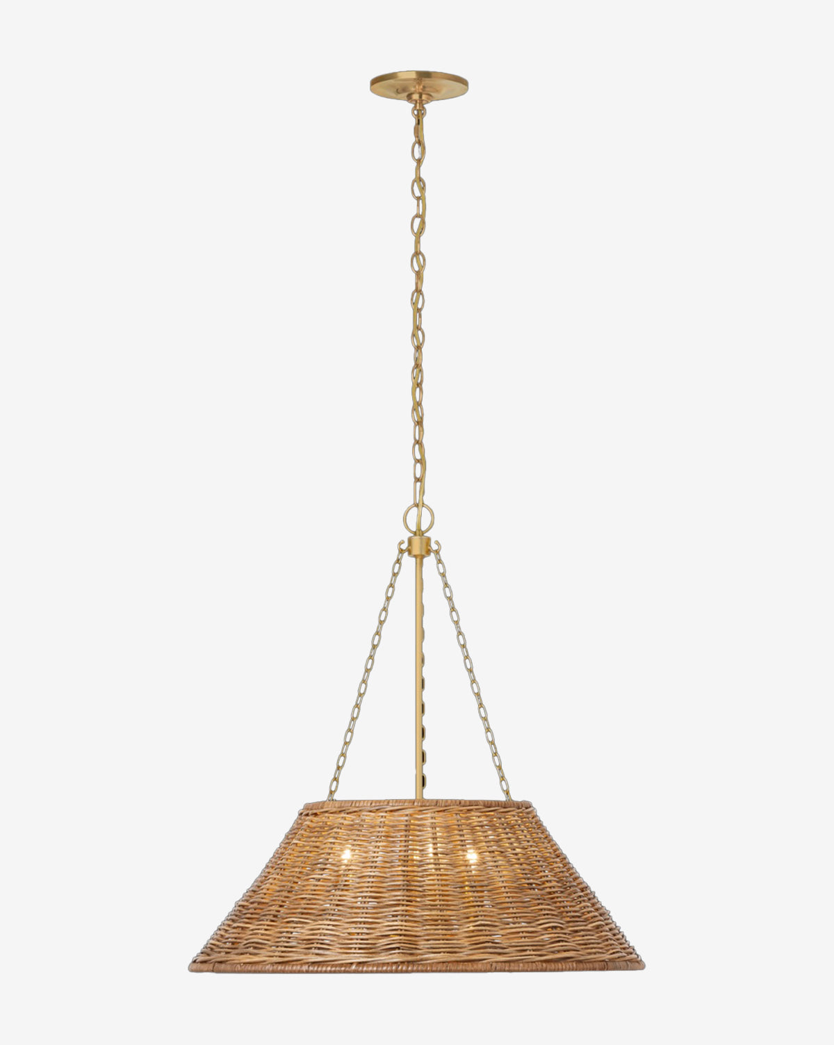 The Corinne Woven Hanging Shade by Visual Comfort & Co. Signature is a pendant light featuring a wide, conical woven shade, brass chains, and a brass ceiling mount, shown against a white background. McGee & Co.