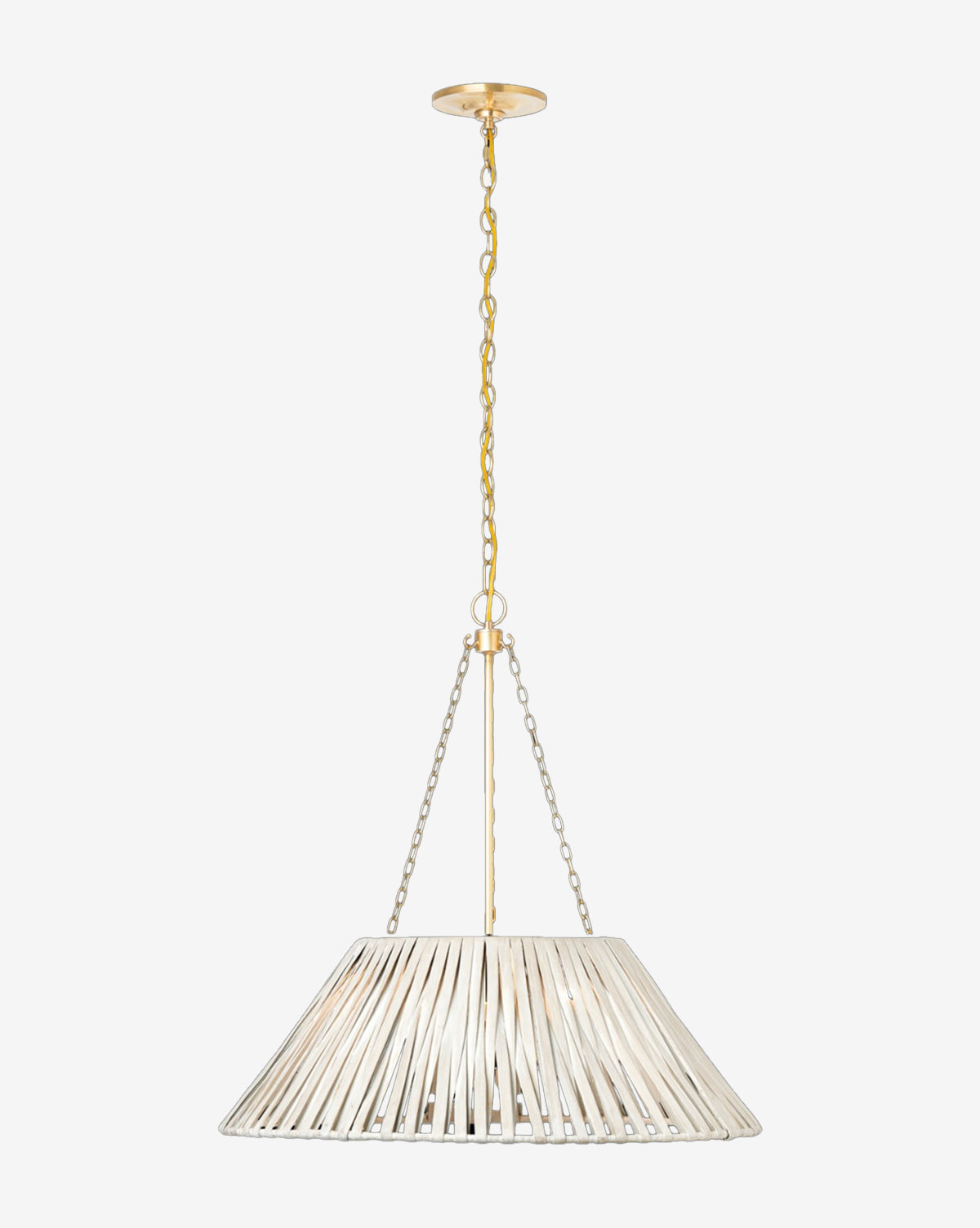 The Corinne Woven Hanging Shade features a wide, slatted metallic design suspended by three chains from a gold ceiling mount, offering modern organic style against a plain white background, by McGee & Co.