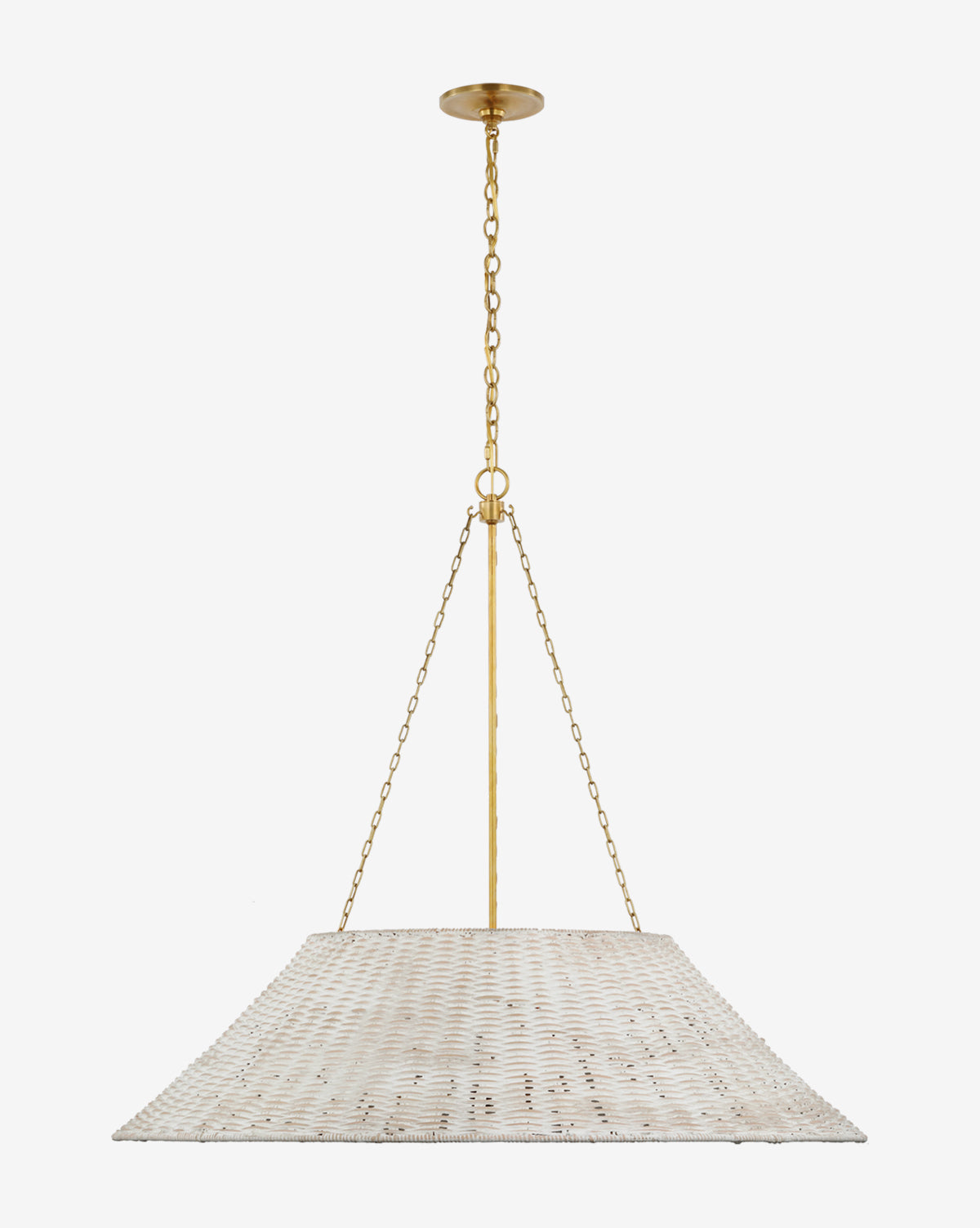 The Corinne Woven Hanging Shade features a flat, white textured rectangular design suspended by gold chains from a gold ceiling mount—an elegant, organic lighting accent for any room, by McGee & Co.