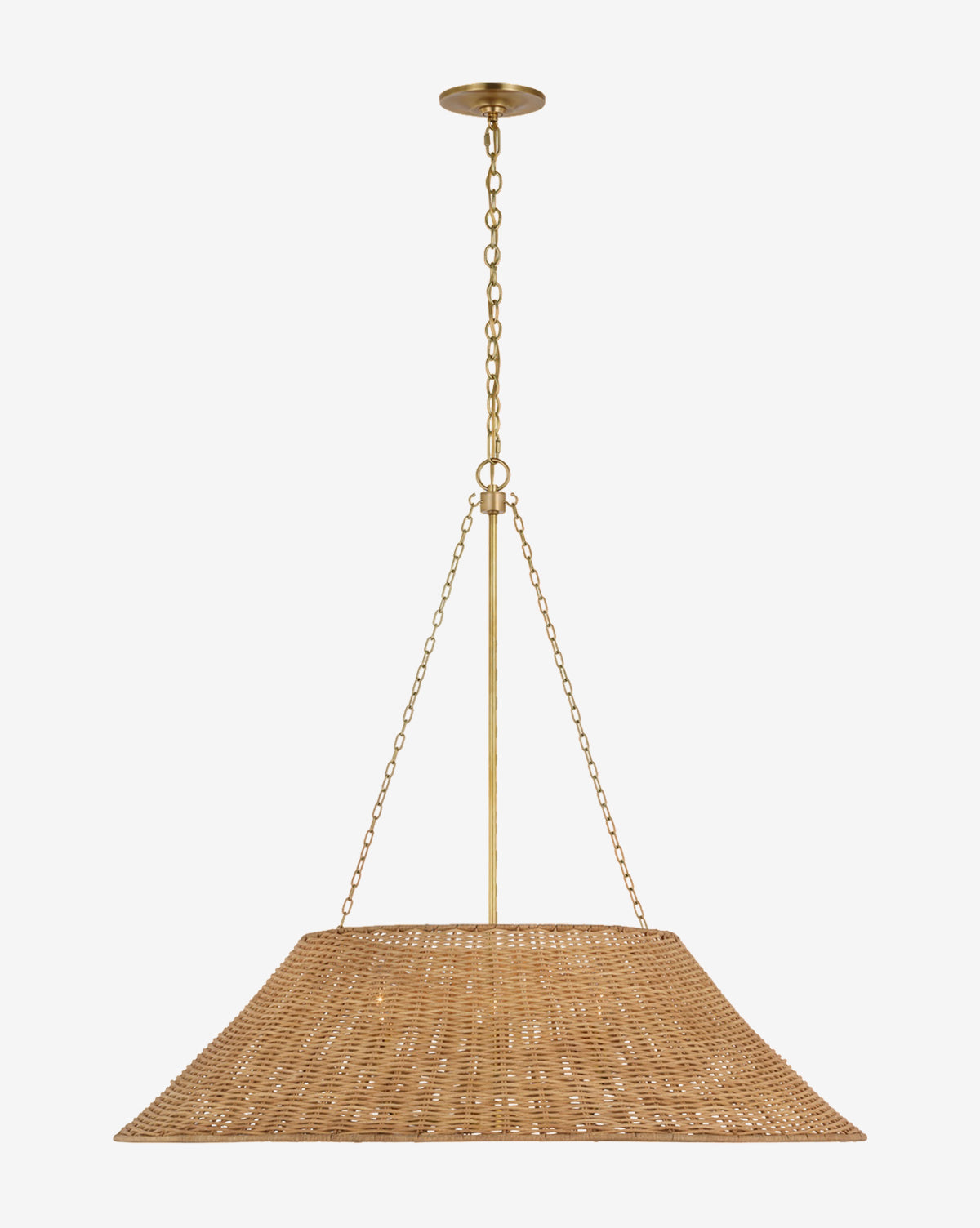 The Corinne Woven Hanging Shade features natural rattan and an organic design, suspended from the ceiling by a brass rod and two chains, set against a plain white background, by McGee & Co.