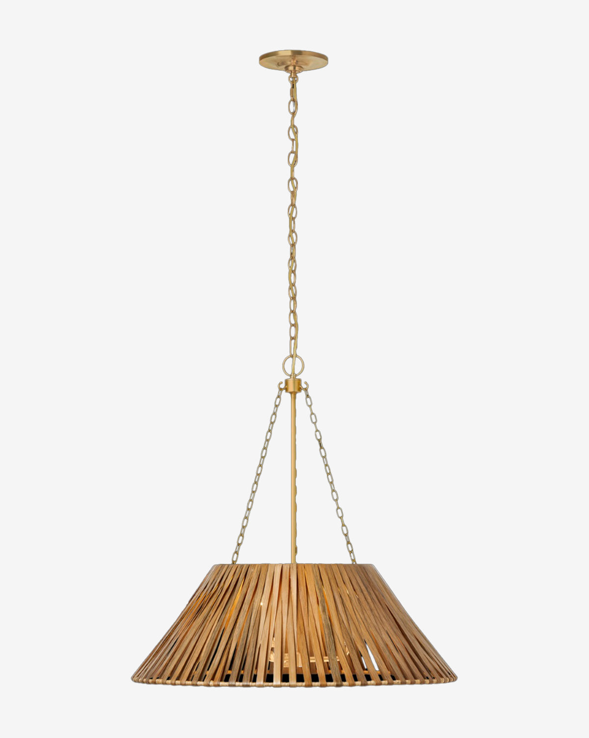 The Corinne Wrapped Hanging Shade from Visual Comfort & Co. Signature features a wide, conical shade of natural wooden slats, suspended by a brass-toned chain and rod, bringing organic style to any space. McGee & Co.