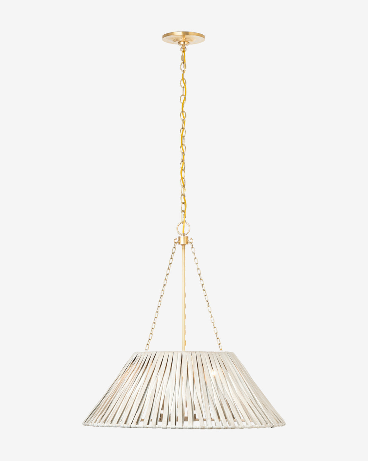 The Corinne Wrapped Hanging Shade features a wide, cone-shaped open shade made of evenly spaced metallic strips, suspended by gold chains and a gold ceiling mount, by McGee & Co.