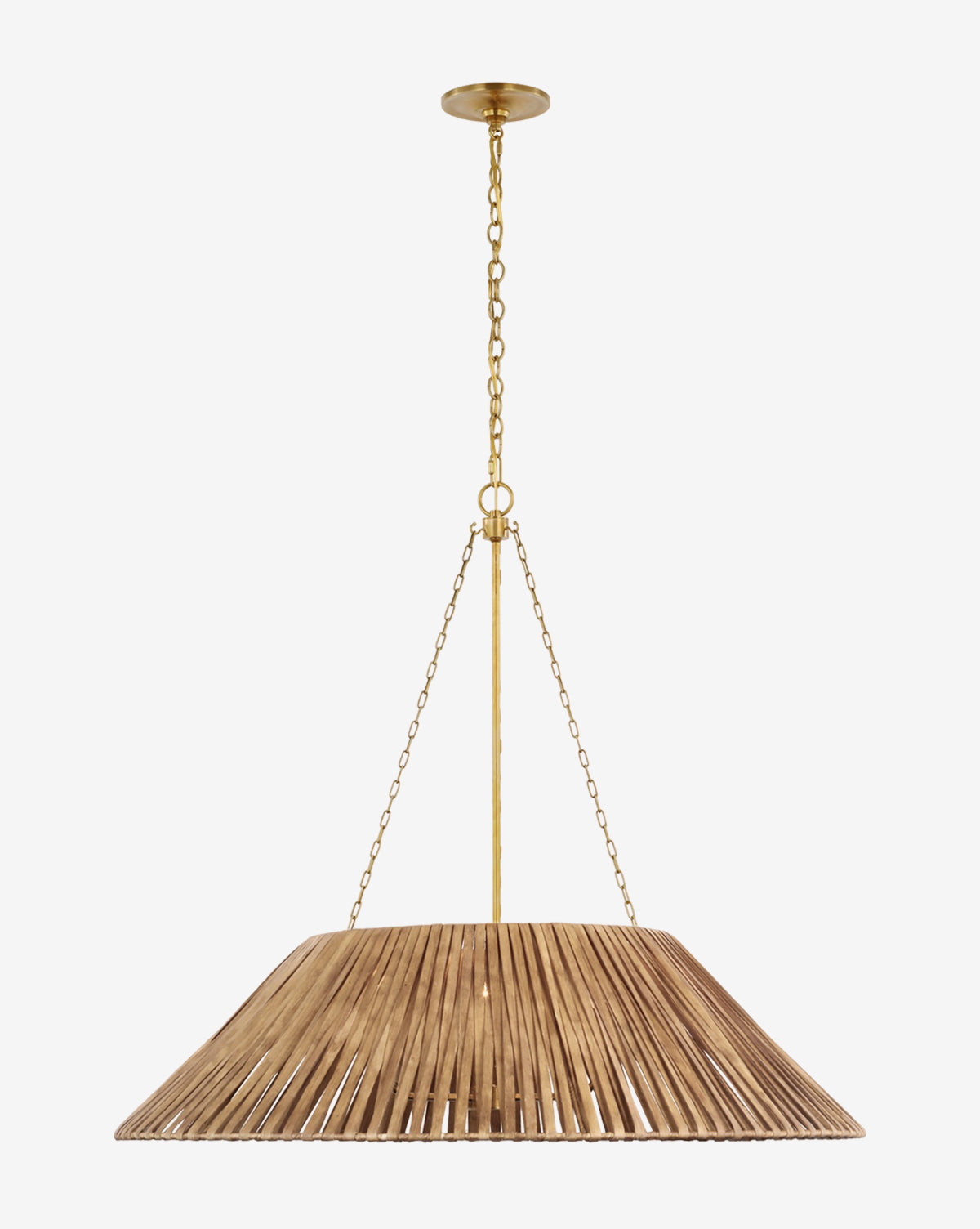 The Corinne Wrapped Hanging Shade features a wide, organic wicker pendant suspended from a gold chain and rod, showcasing modern minimalist design against a plain white background, by McGee & Co.