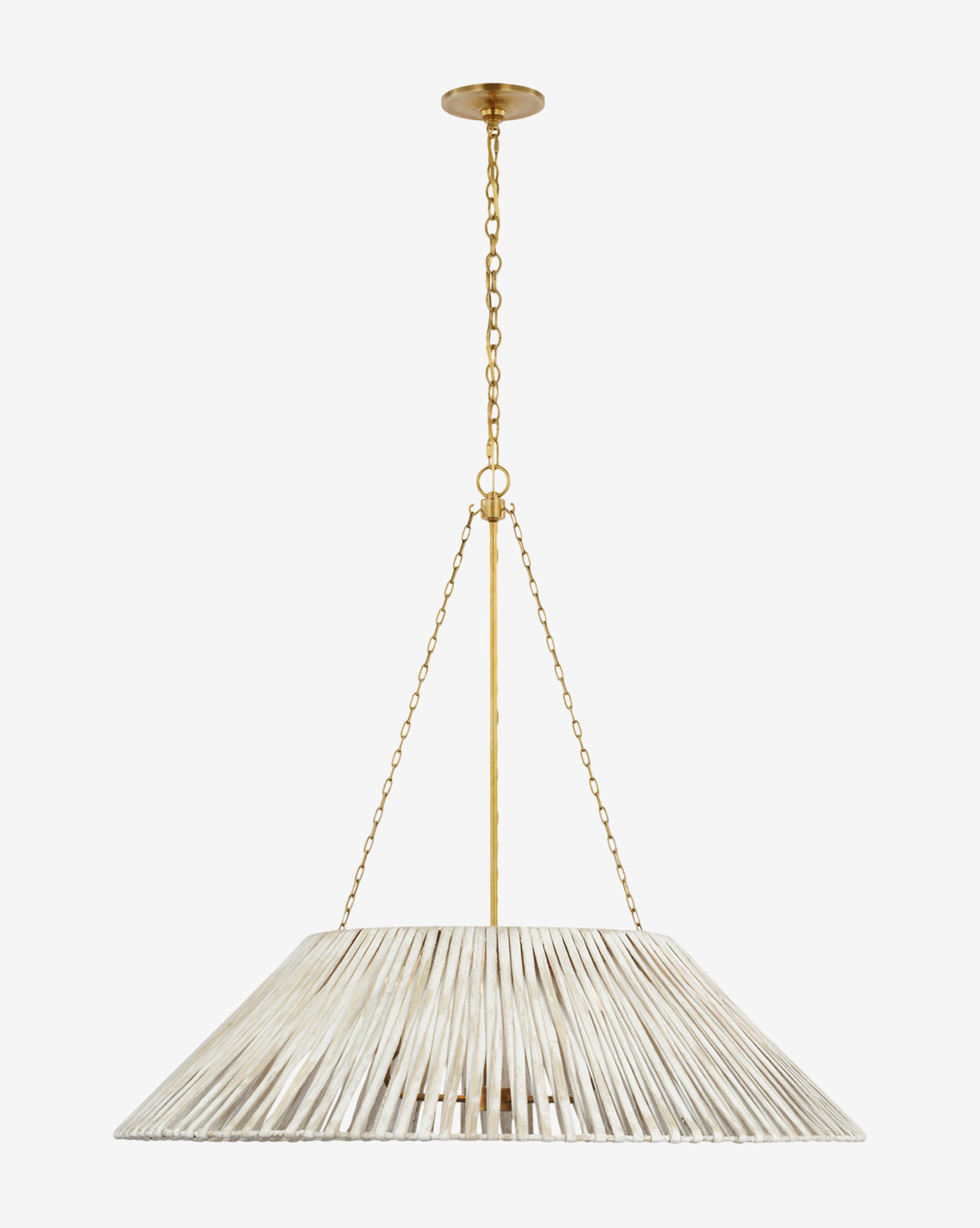The Corinne Wrapped Hanging Shade features a wide, conical slatted shade in weathered wood, suspended by gold chains and a matching ceiling mount for an organic look, by McGee & Co.