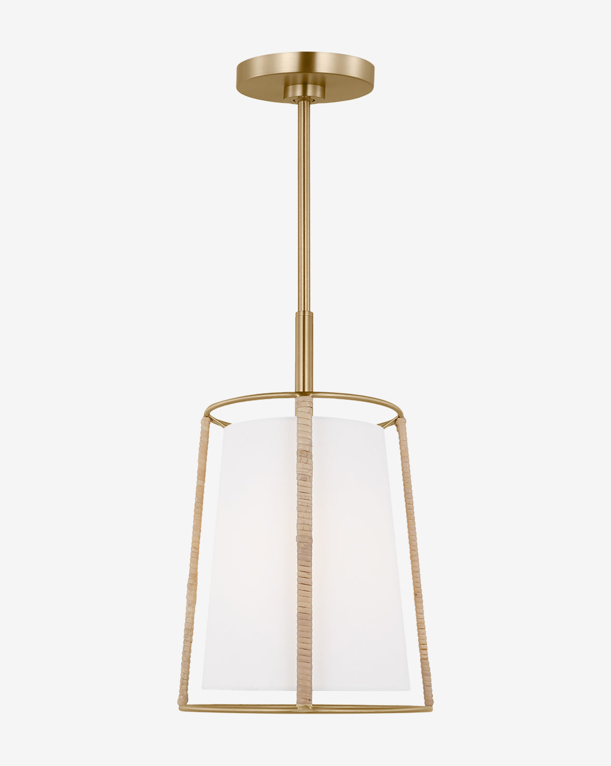 The Cortes Hanging Shade by Visual Comfort Studio - Generation Lighting features a modern brass finish, a cylindrical linen shade, and three gold rods—one with a rattan-wrapped metal frame—hanging from a matching ceiling mount by McGee & Co.