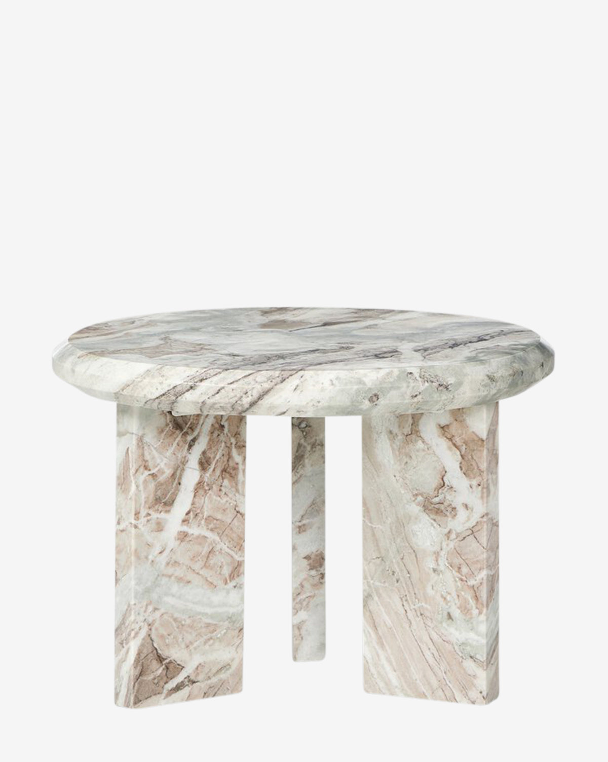 The Corwin Nesting Table features a round marble top with thick surface, three rectangular legs, and elegant white, gray, and light brown veining. Ideal as a nesting or accent piece for your living room. Shown on a plain white background by McGee & Co.