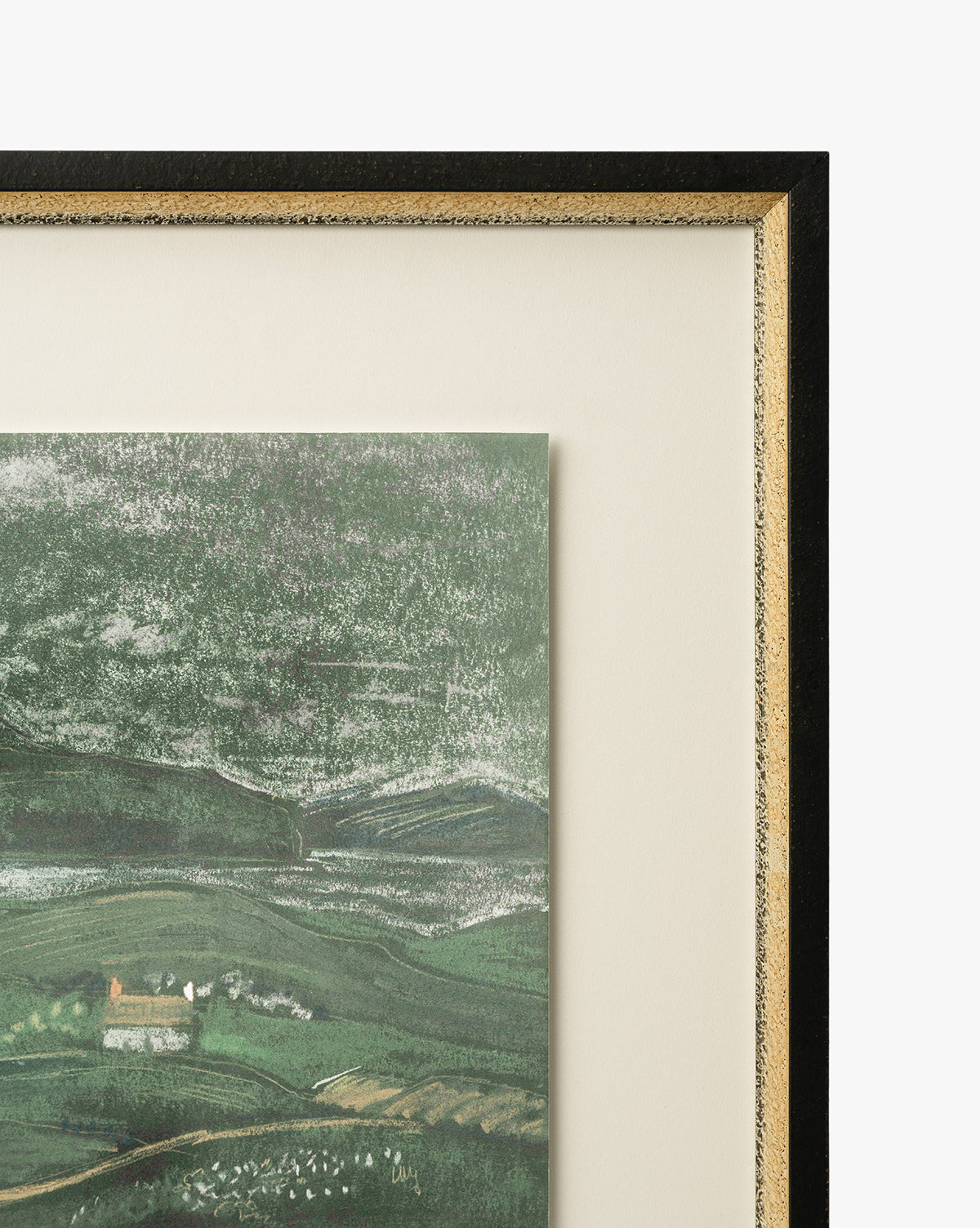 Country Dusk is a framed giclee print of a tranquil countryside with green and white hills and a distant building, elegantly presented in a black and gold frame, by McGee & Co.