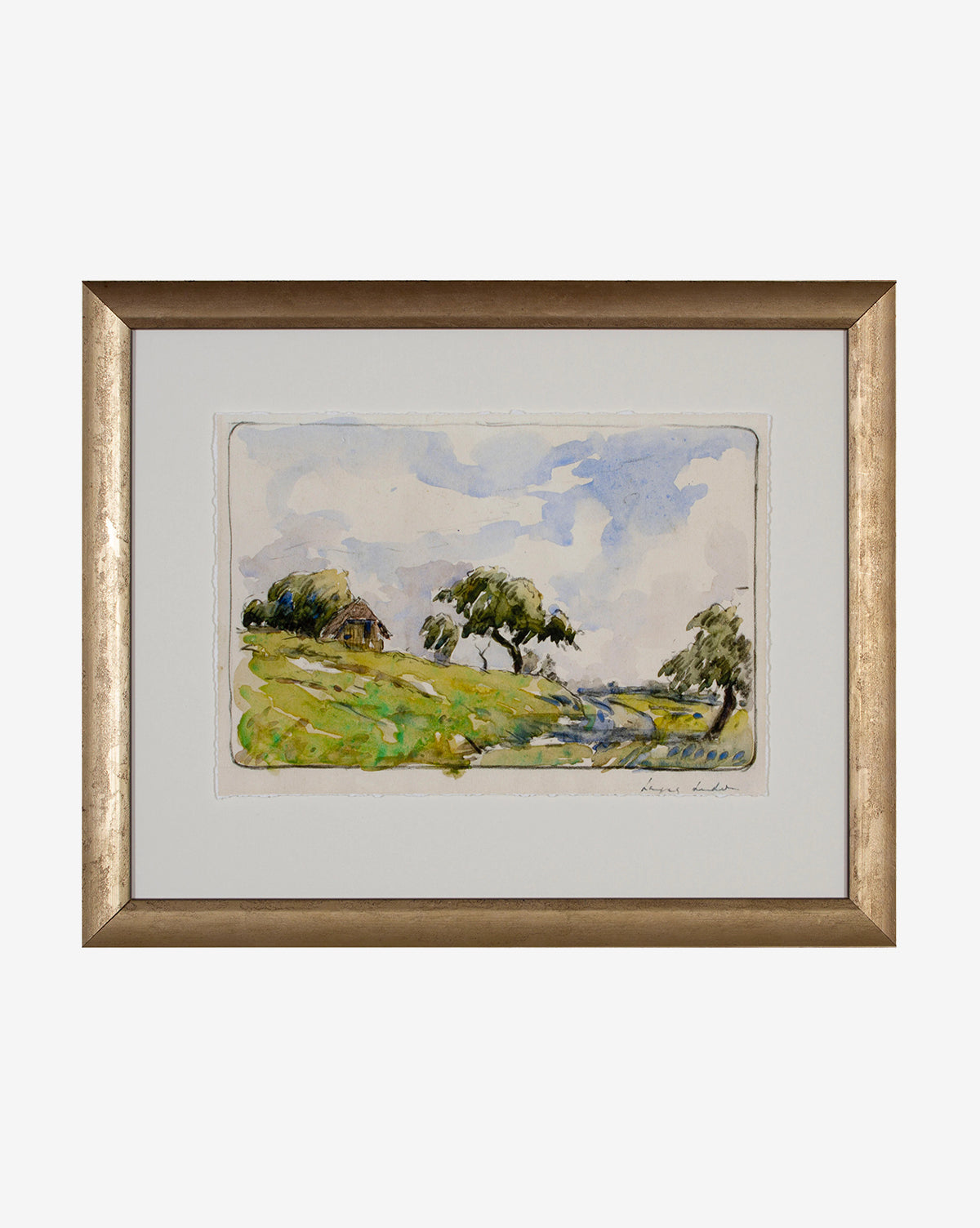 Country Fields: A signed, framed wall art piece showing a watercolor grassy landscape with a house, trees, and stream beneath cloudy skies. The gold frame adds charm, making it an ideal accent for any room.
