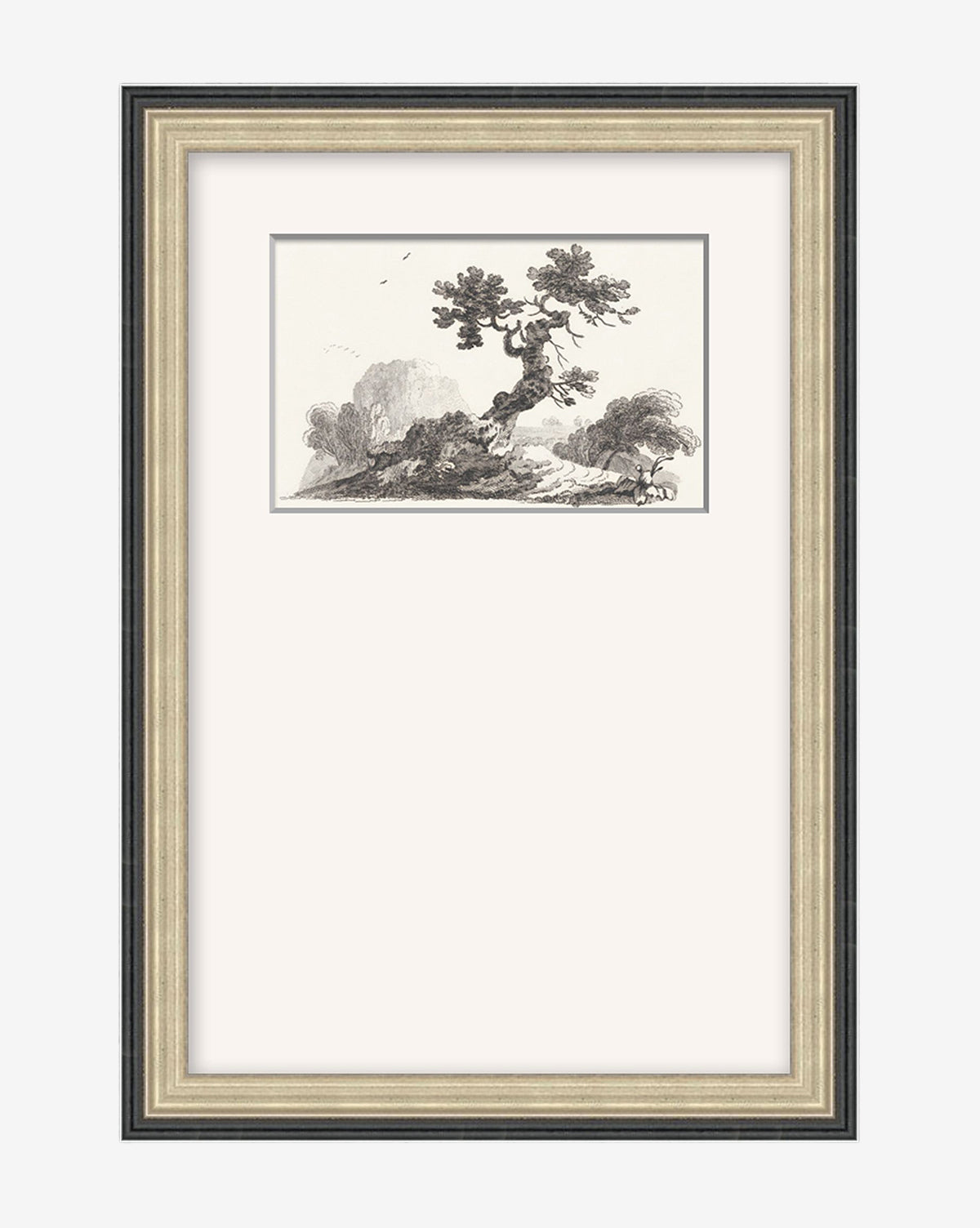 Country Vista is a black-and-white sketch of a twisted tree on a small hill, accented by bushes and a small animal. Set in a wide beige mat with wooden frame, it makes gallery-quality wall decor for any space, by McGee & Co.