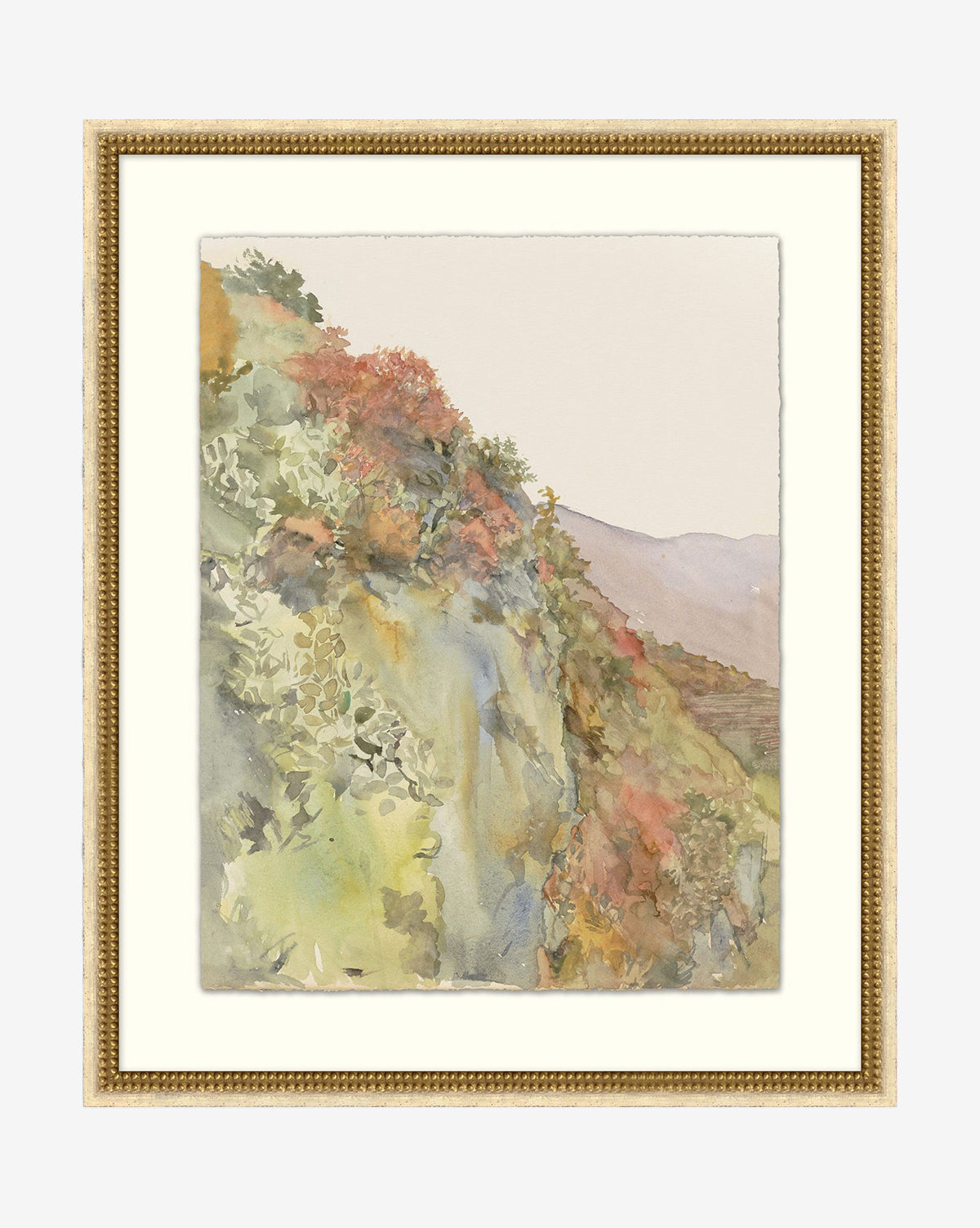 The Countryside Collection VI features gallery-quality artwork: a watercolor hillside scene with green foliage, red and orange accents, distant mountains, all elegantly set in a gold decorative frame, by McGee & Co.