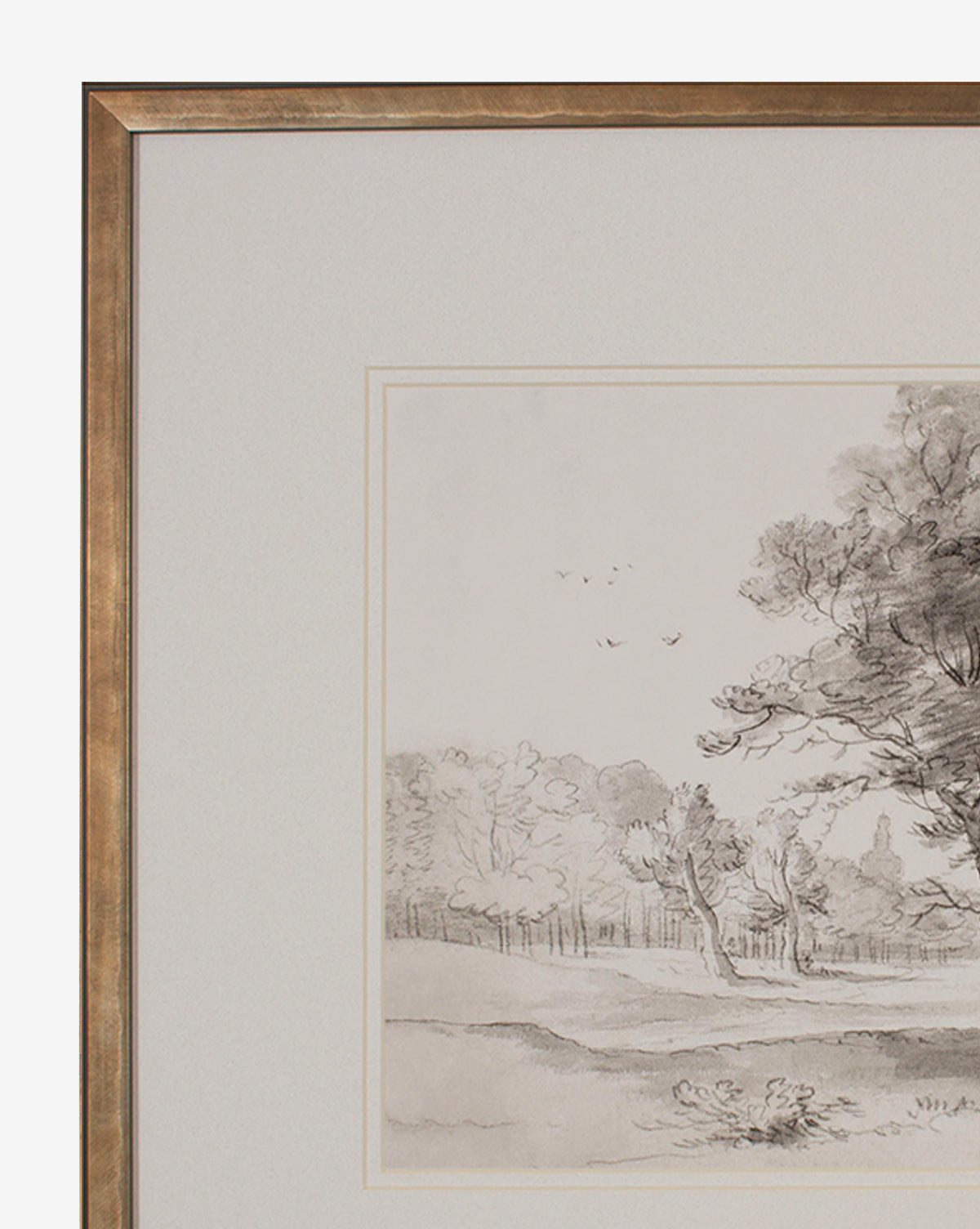 The Countryside Drawing features a black and white rural landscape with trees, a field, and birds. A light wood frame and white mat highlight this vintage wall art’s timeless appeal.
