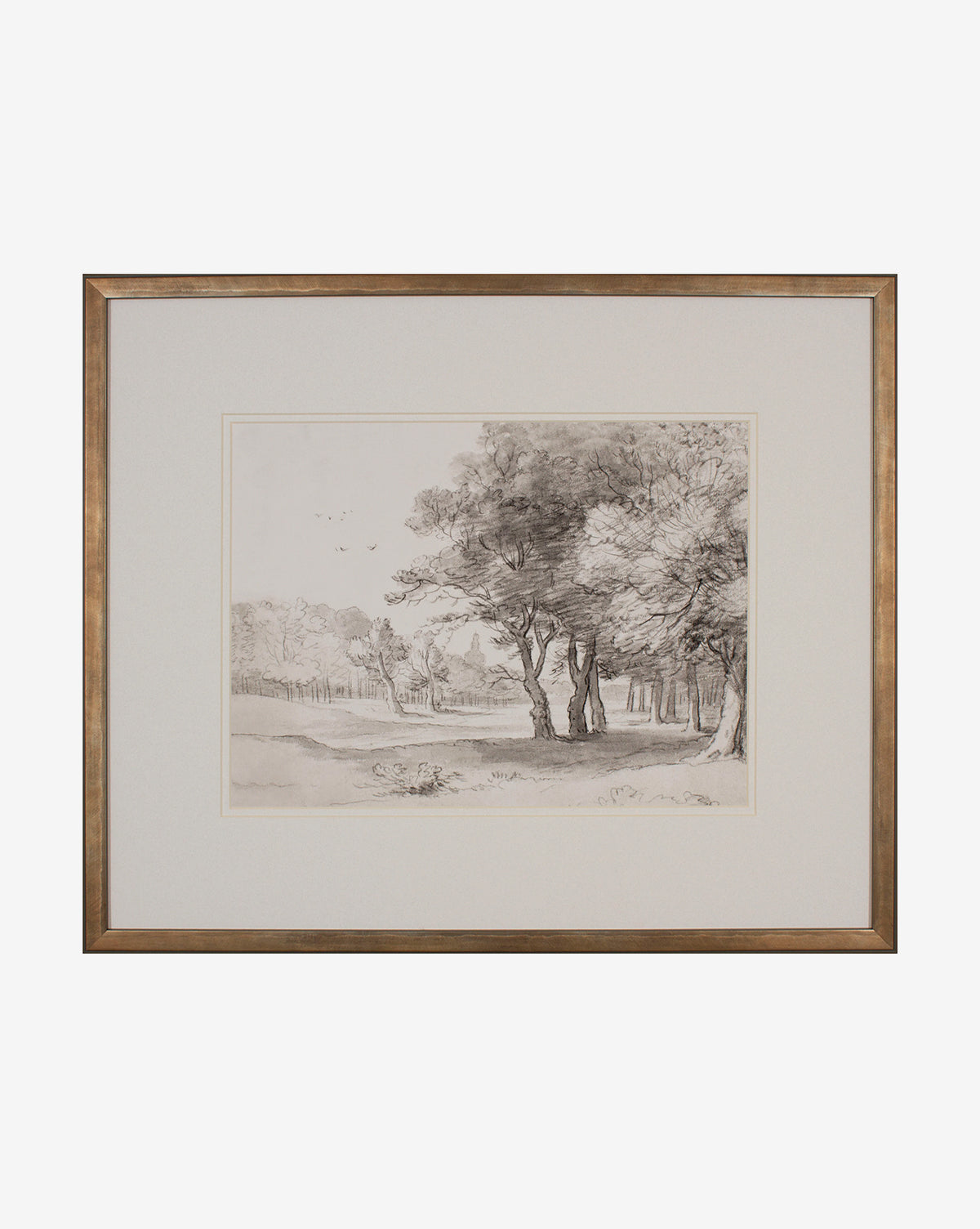 The Countryside Drawing is a vintage black and white landscape art featuring large trees, grass, and a fence. Matted and set in a simple wooden frame, this wall art adds timeless charm to any space.