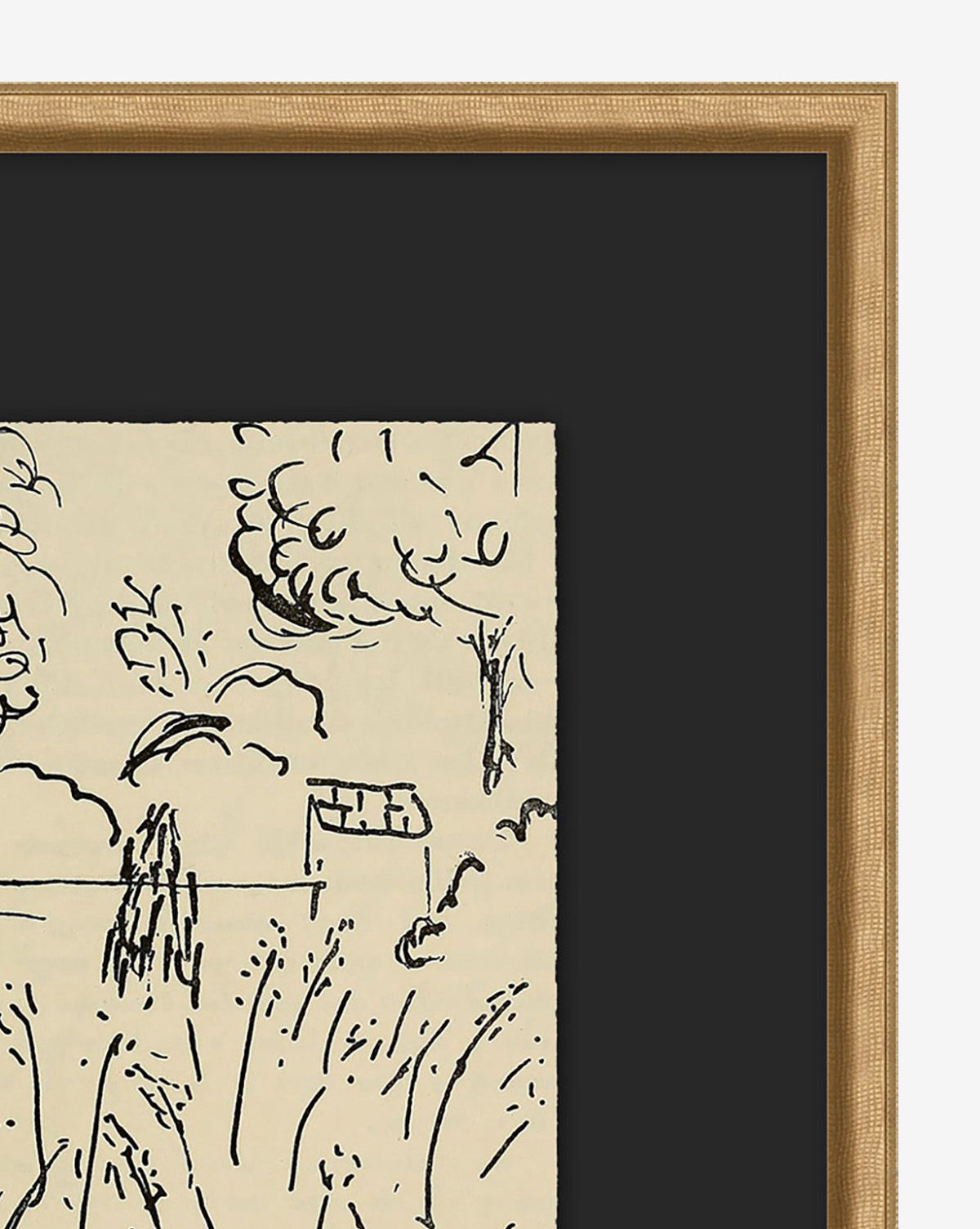 Courtyard is a framed black and white vintage illustration depicting part of a landscape with tall grass, a tree, and a small house under a pitched roof, set against a black background in a gold-finished wood frame.