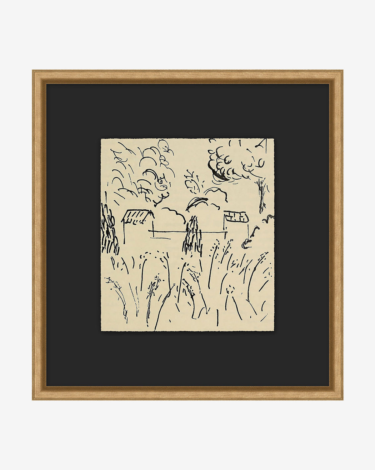 Courtyard: A black and white vintage illustration depicting a rural landscape with three small houses, tall grass, clouds, and trees, elegantly presented in a gold-finished wood frame.