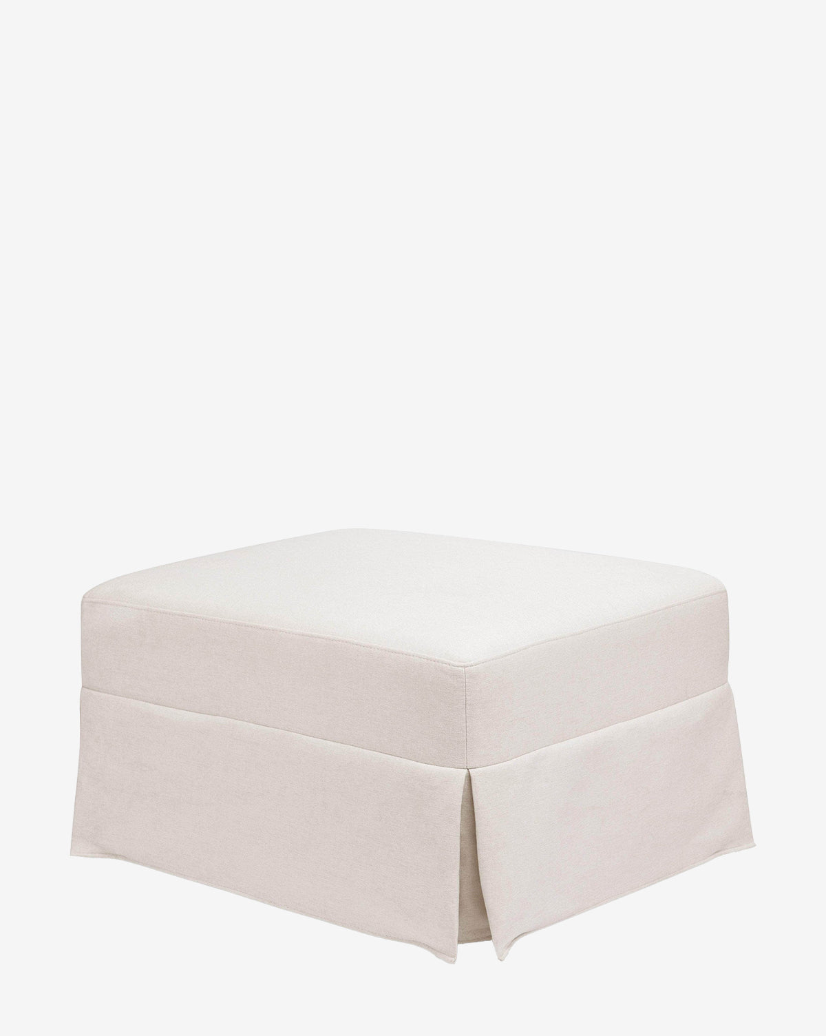 The Crawford Gliding Ottoman by Million Dollar Baby features a square shape, cream eco-performance fabric, and a skirted cover, shown on a plain white background. McGee & Co.