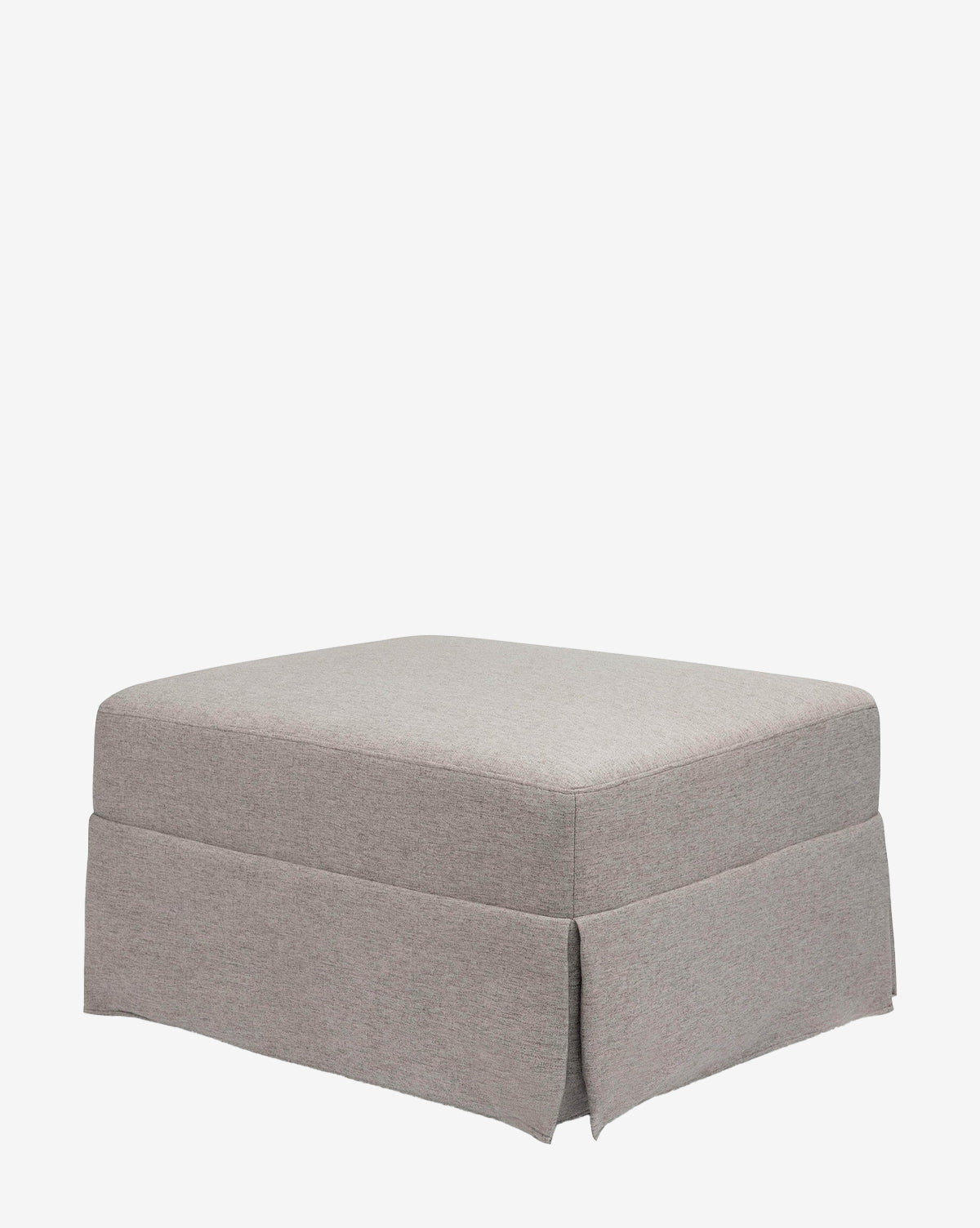 The Million Dollar Baby Crawford Gliding Ottoman features a rectangular shape, light gray eco-performance upholstery, and a tailored pleated skirt at the base, shown against a plain white background. McGee & Co.