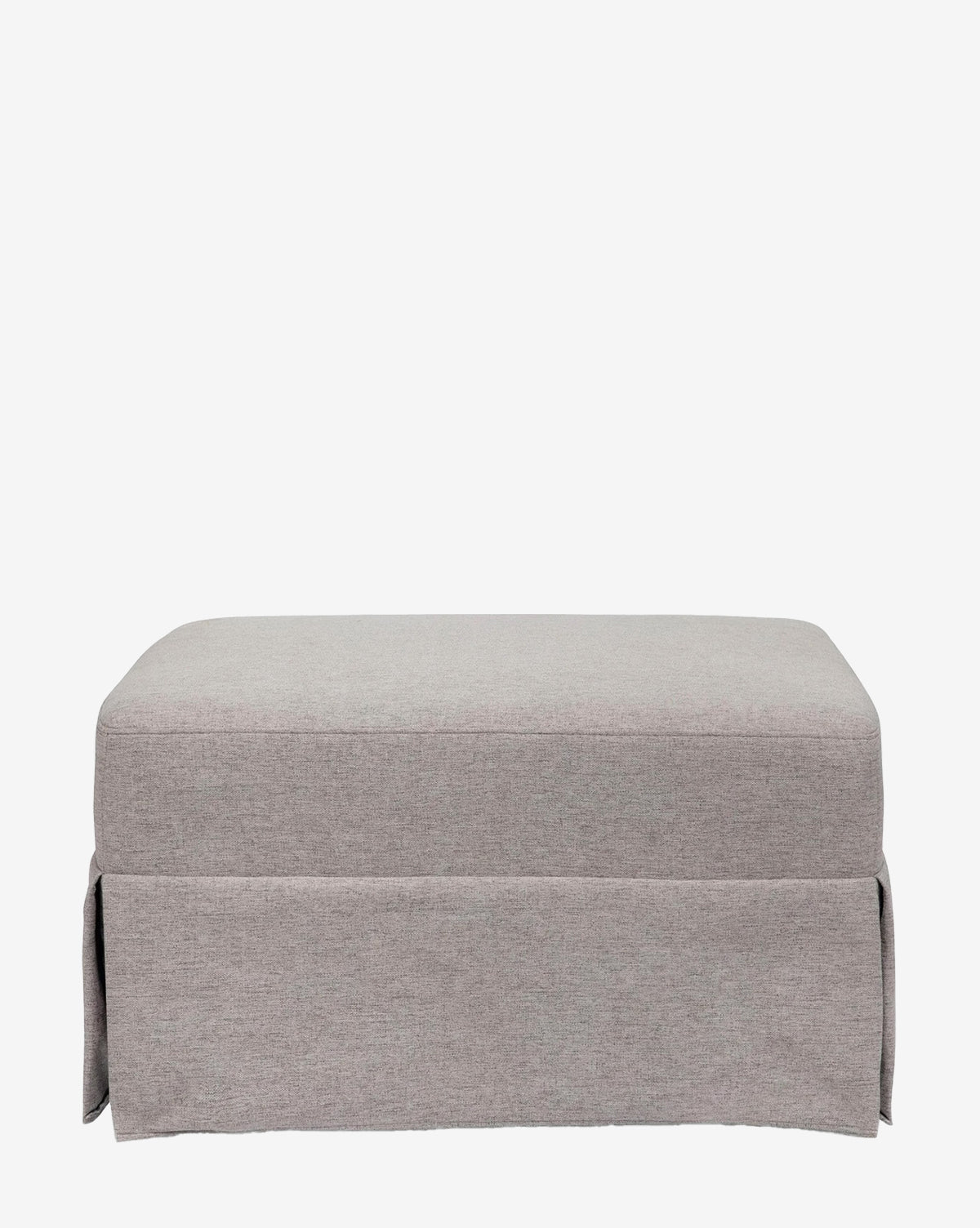The Crawford Gliding Ottoman by Million Dollar Baby features a rectangular shape, light gray eco-performance upholstery, and a tailored skirt over the legs, shown on a plain white background. McGee & Co.