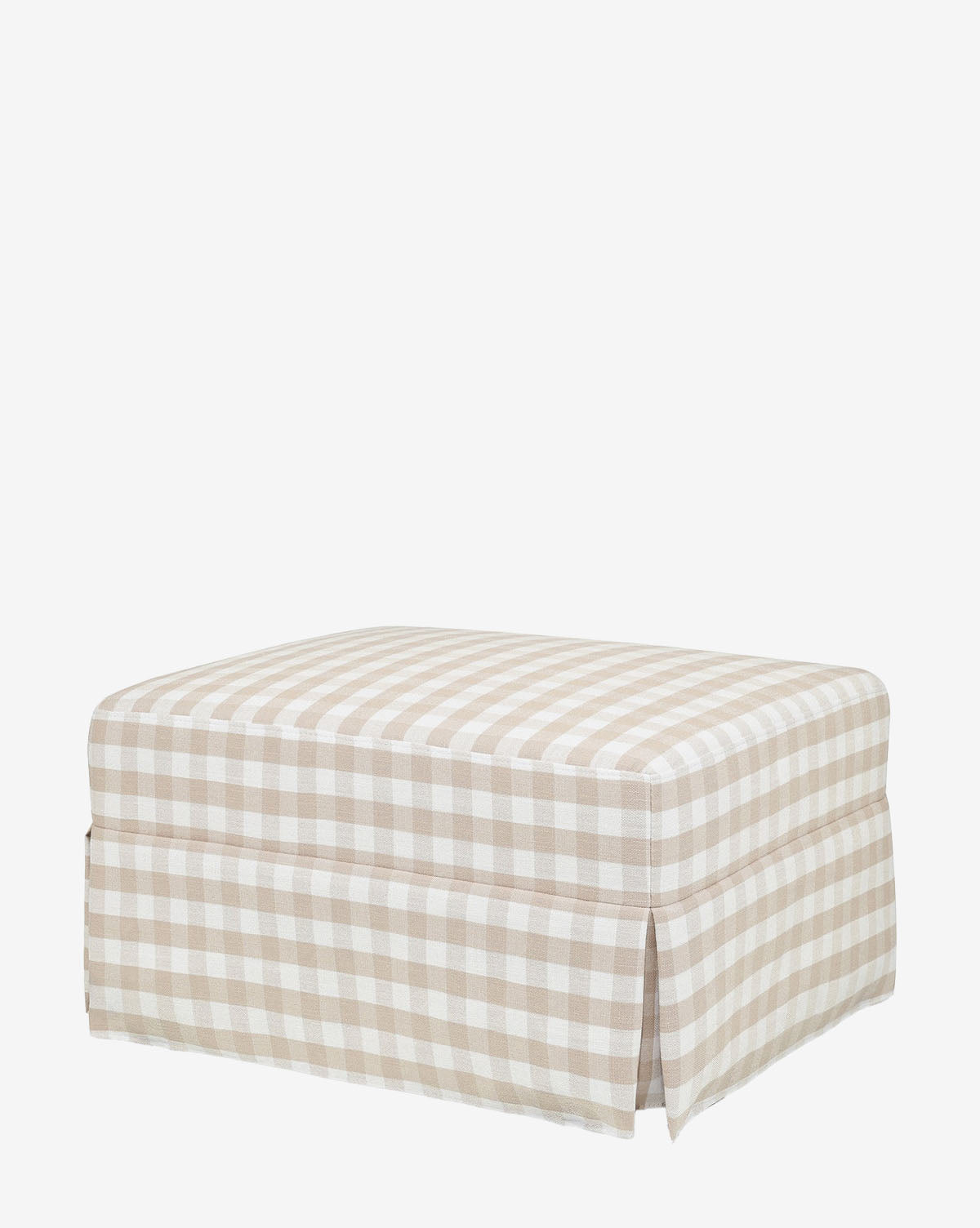 The Crawford Gliding Ottoman in Gingham by Million Dollar Baby features beige and white checkered upholstery with a tailored skirt, ideal for a nursery, shown against a plain white background. McGee & Co.