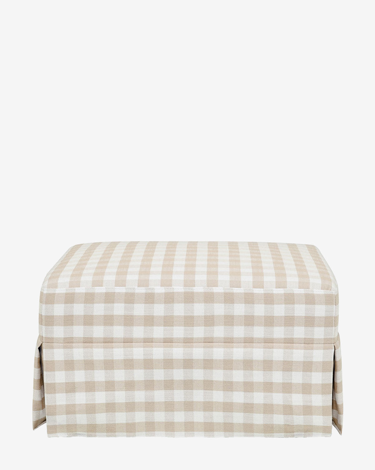 The Crawford Gliding Ottoman in Gingham by Million Dollar Baby features a rectangular design with beige and white checkered fabric and a tailored skirt, shown against a plain white background. McGee & Co.