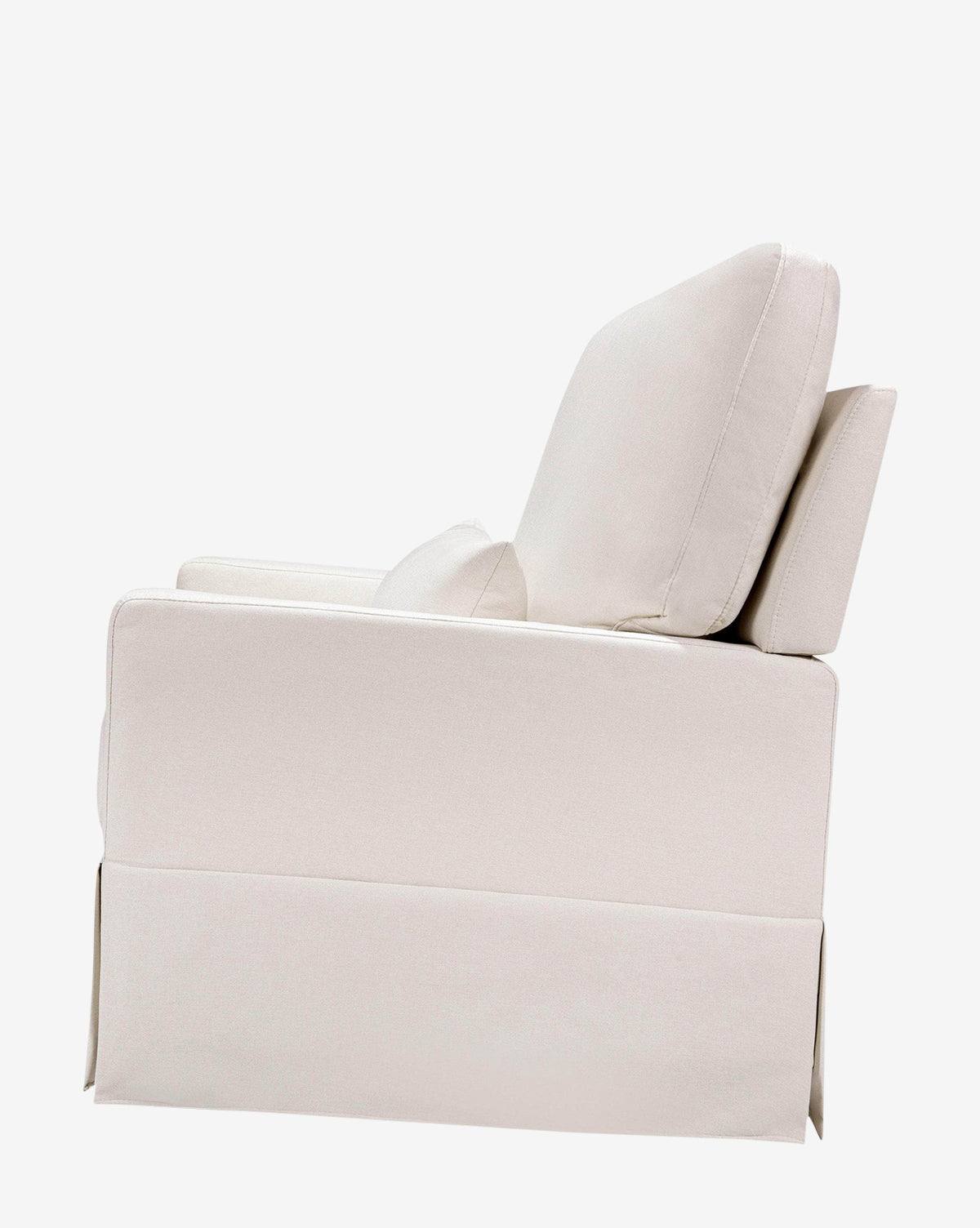 Side view of the Crawford Pillowback Chair and a Half, a modern upholstered swivel lounge chair in light beige fabric with thick seat, back, and arm cushions, shown against a plain white background, by McGee & Co.