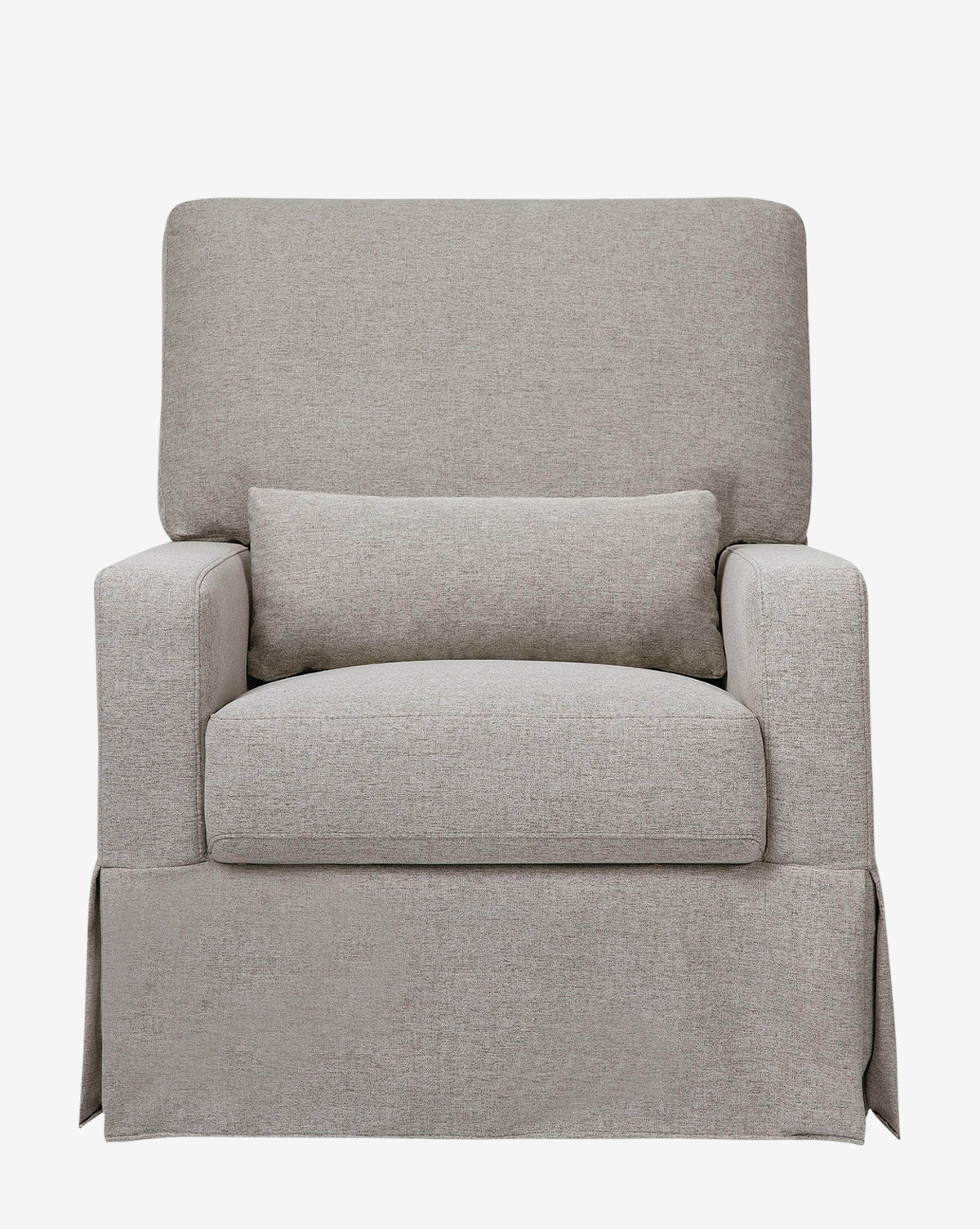 The Crawford Pillowback Comfort Swivel Glider is a light gray nursery chair with eco-performance upholstery, a rectangular back and seat cushion, matching lumbar pillow, and skirted base by McGee & Co.