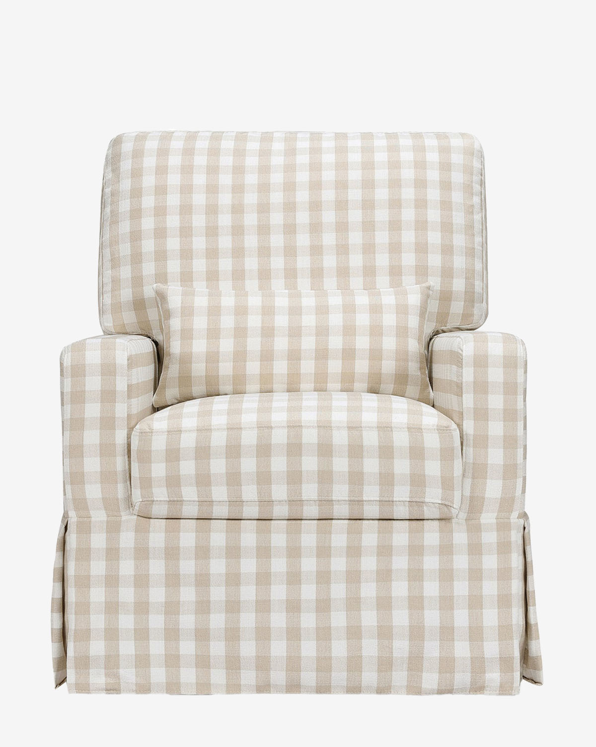 The Crawford Pillowback Comfort Swivel Glider in Gingham features beige and white gingham upholstery, a matching rectangular cushion, skirted bottom, and plush cushions—making it an ideal cozy chair for your nursery, by McGee & Co.