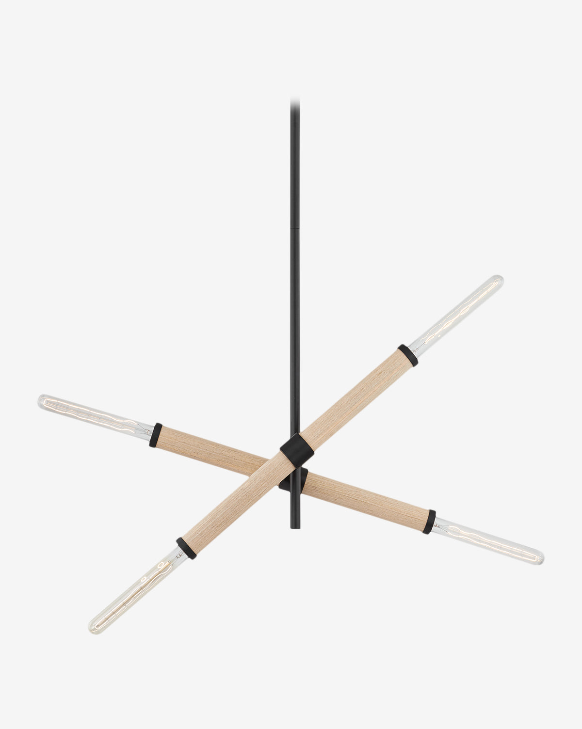 The Cruiz Chandelier by Troy Lighting showcases two intersecting wooden rods, each with cylindrical bulbs on both ends, suspended from a black cable against a white background for a modern mid-century look. McGee & Co.