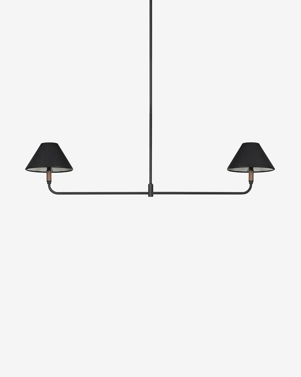 The Four Hands Cullen Linear Double Pendant features two minimalist black downward-facing lampshades on a horizontal bar, suspended from a slim central rod against a plain white background. McGee & Co.