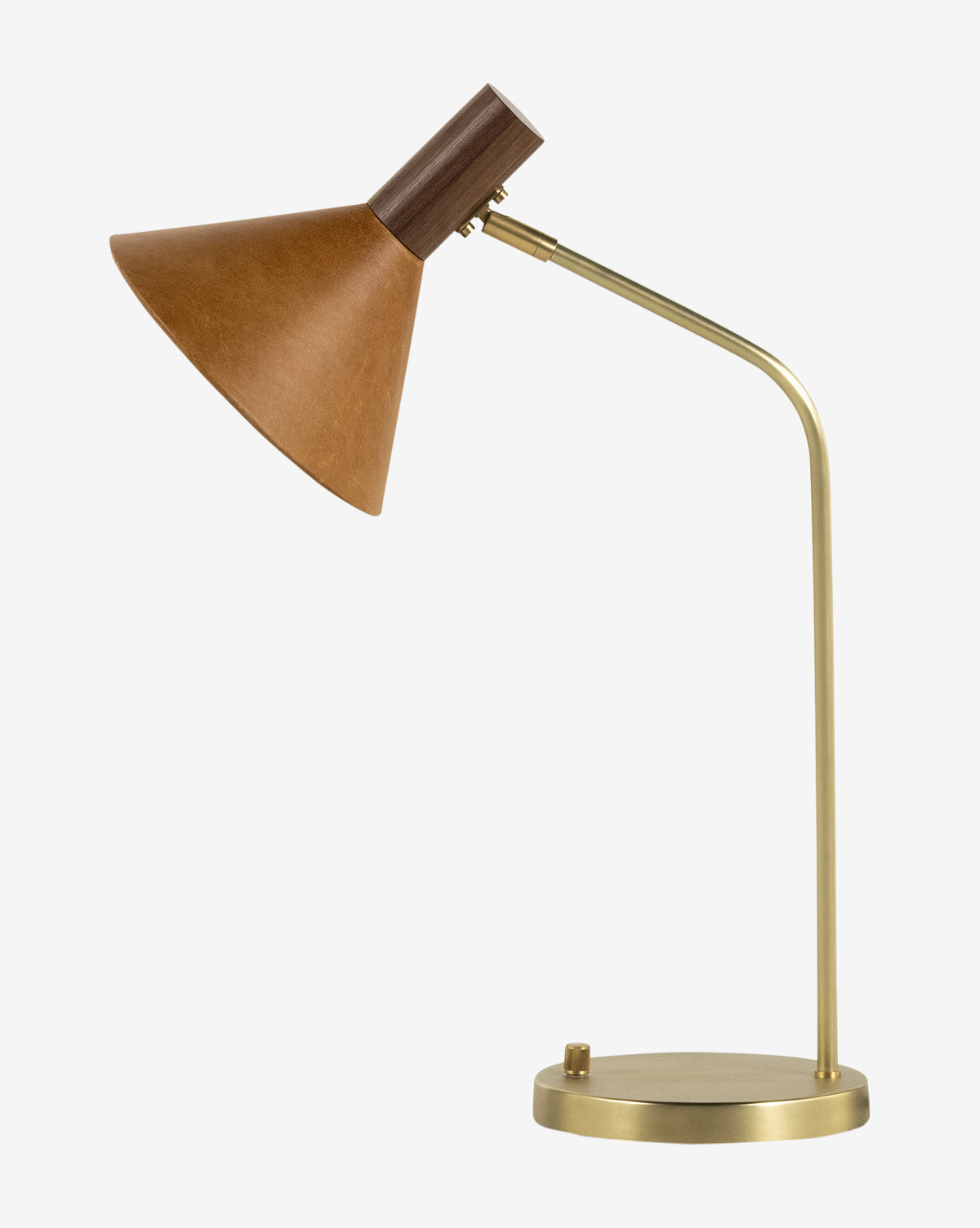 The Cullen Task Lamp features a brass base and arm, a brown conical shade, and a wooden accent at the joint, all set against a plain white background, by McGee & Co.