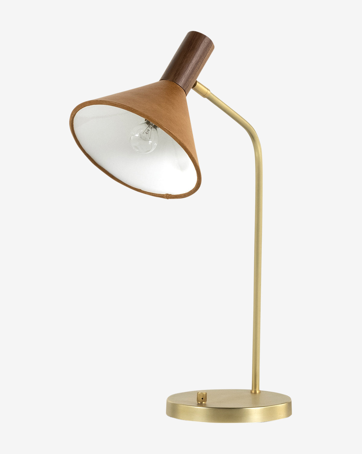 The Cullen Task Lamp features a brass finish base and stem, a conical brown shade with white interior, and a wooden accent at the top, shown against a plain white background by McGee & Co.