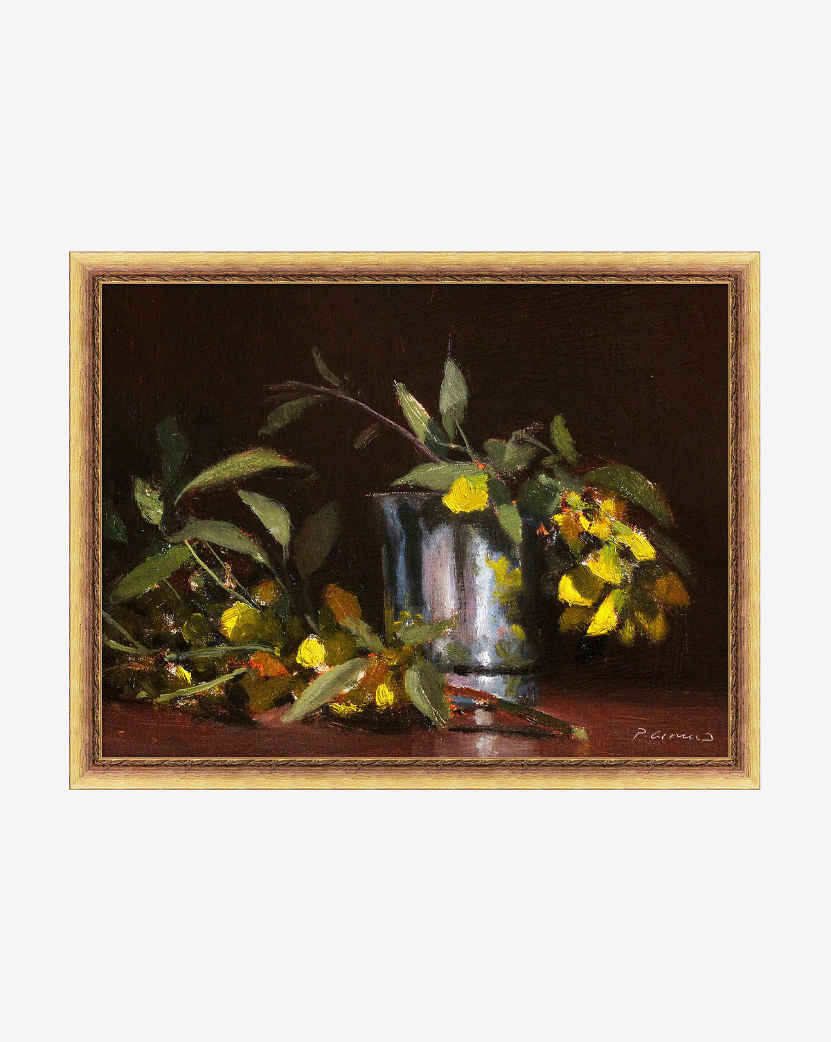 Cytise Blossoms is a giclee print featuring yellow flowers and green leaves around a reflective silver cup on a dark background, elegantly presented in a classic gold wood frame, by McGee & Co.