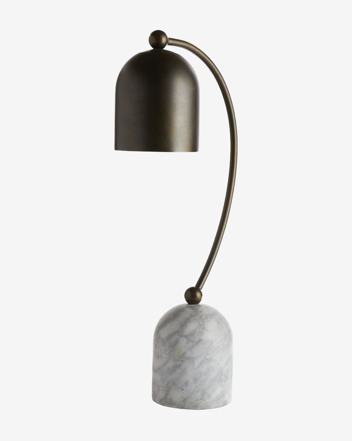 The Daley Desk Lamp showcases a curved brass arm, bronze-finished shade, and rounded gray marble base, displayed on a plain white background by McGee & Co.