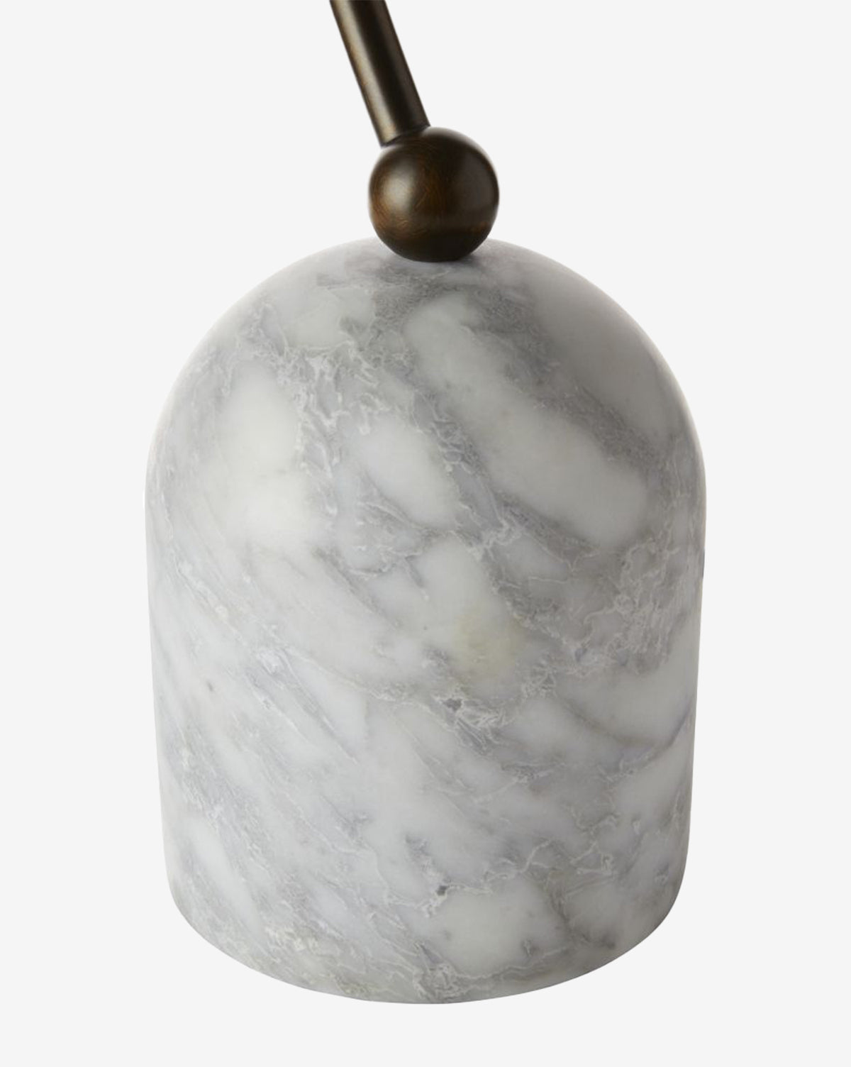 The Daley Desk Lamp features a smooth, dome-shaped shade, a gray and white marbled stone base, and is accented with a dark wooden sphere and an upward-extending rod, by McGee & Co.